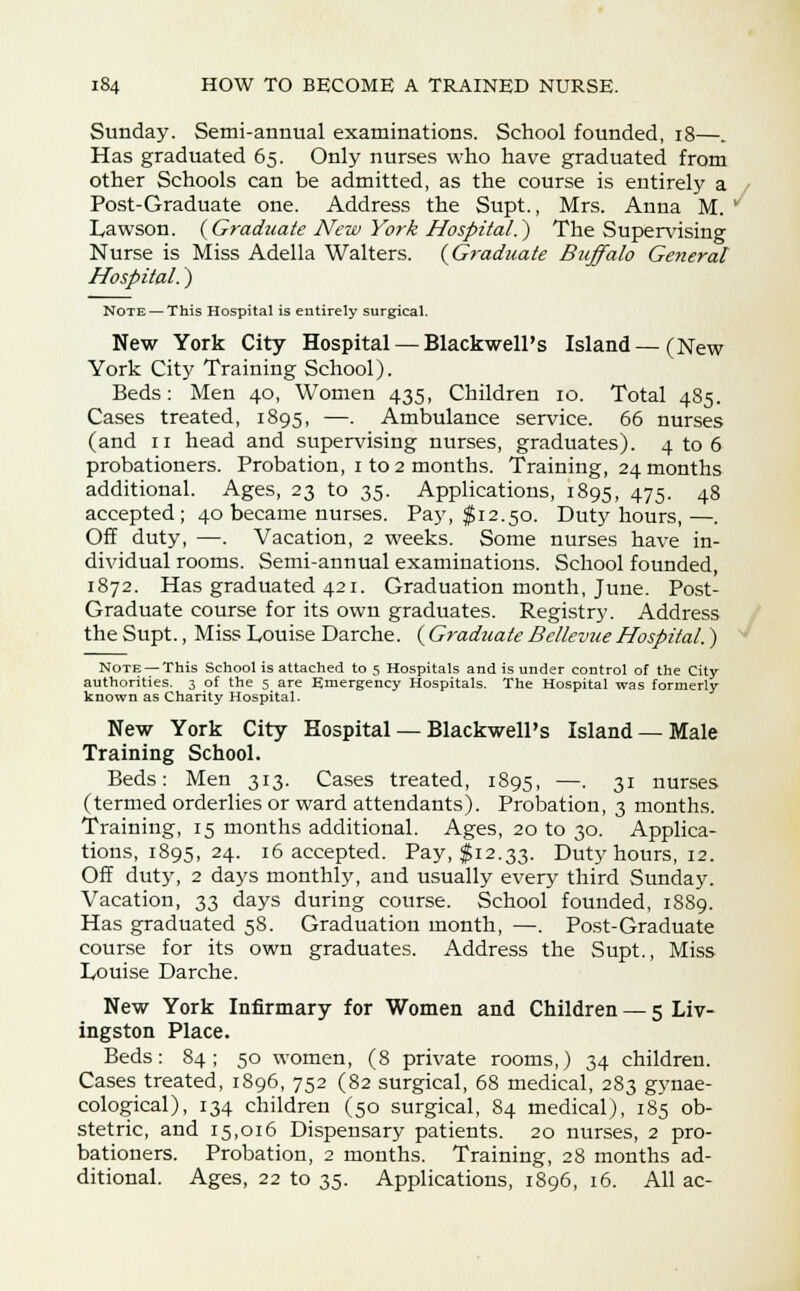 Sunday. Semi-annual examinations. School founded, 18—. Has graduated 65. Only nurses who have graduated from other Schools can be admitted, as the course is entirely a Post-Graduate one. Address the Supt., Mrs. Anna M. ' Lawson. {Graduate New York Hospital.') The Supervising Nurse is Miss Adella Walters. {Graduate Buffalo Ge?ieral Hospital.) Note — This Hospital is entirely surgical. New York City Hospital — Blackwell's Island—(New York City Training School). Beds: Men 40, Women 435, Children 10. Total 485. Cases treated, 1895, —. Ambulance service. 66 nurses (and 11 head and supervising nurses, graduates). 4 to 6 probationers. Probation, 1 to 2 months. Training, 24 months additional. Ages, 23 to 35. Applications, 1895, 475- 48 accepted; 40 became nurses. Pay, $12.50. Duty hours, —. Off duty, —. Vacation, 2 weeks. Some nurses have in- dividual rooms. Semi-annual examinations. School founded, 1872. Has graduated 421. Graduation month, June. Post- Graduate course for its own graduates. Registry. Address the Supt., Miss Louise Darche. ( Graduate Bellevue Hospital.) Note — This School is attached to 5 Hospitals and is under control of the City authorities. 3 of the 5 are Emergency Hospitals. The Hospital was formerly known as Charity Hospital. New York City Hospital — Blackwell's Island — Male Training School. Beds: Men 313. Cases treated, 1895, —• 31 nurses (termed orderlies or ward attendants). Probation, 3 months. Training, 15 months additional. Ages, 20 to 30. Applica- tions, 1895, 24. 16 accepted. Pay, $12.33. Duty hours, 12. Off duty, 2 days monthly, and usually every third Sunday. Vacation, 33 days during course. School founded, 1889. Has graduated 58. Graduation month, —. Post-Graduate course for its own graduates. Address the Supt., Miss Louise Darche. New York Infirmary for Women and Children — 5 Liv- ingston Place. Beds: 84; 50 women, (8 private rooms,) 34 children. Cases treated, 1896, 752 (82 surgical, 68 medical, 283 gynae- cological), 134 children (50 surgical, 84 medical), 185 ob- stetric, and 15,016 Dispensary patients. 20 nurses, 2 pro- bationers. Probation, 2 months. Training, 28 months ad- ditional. Ages, 22 to 35. Applications, 1896, 16. All ac-
