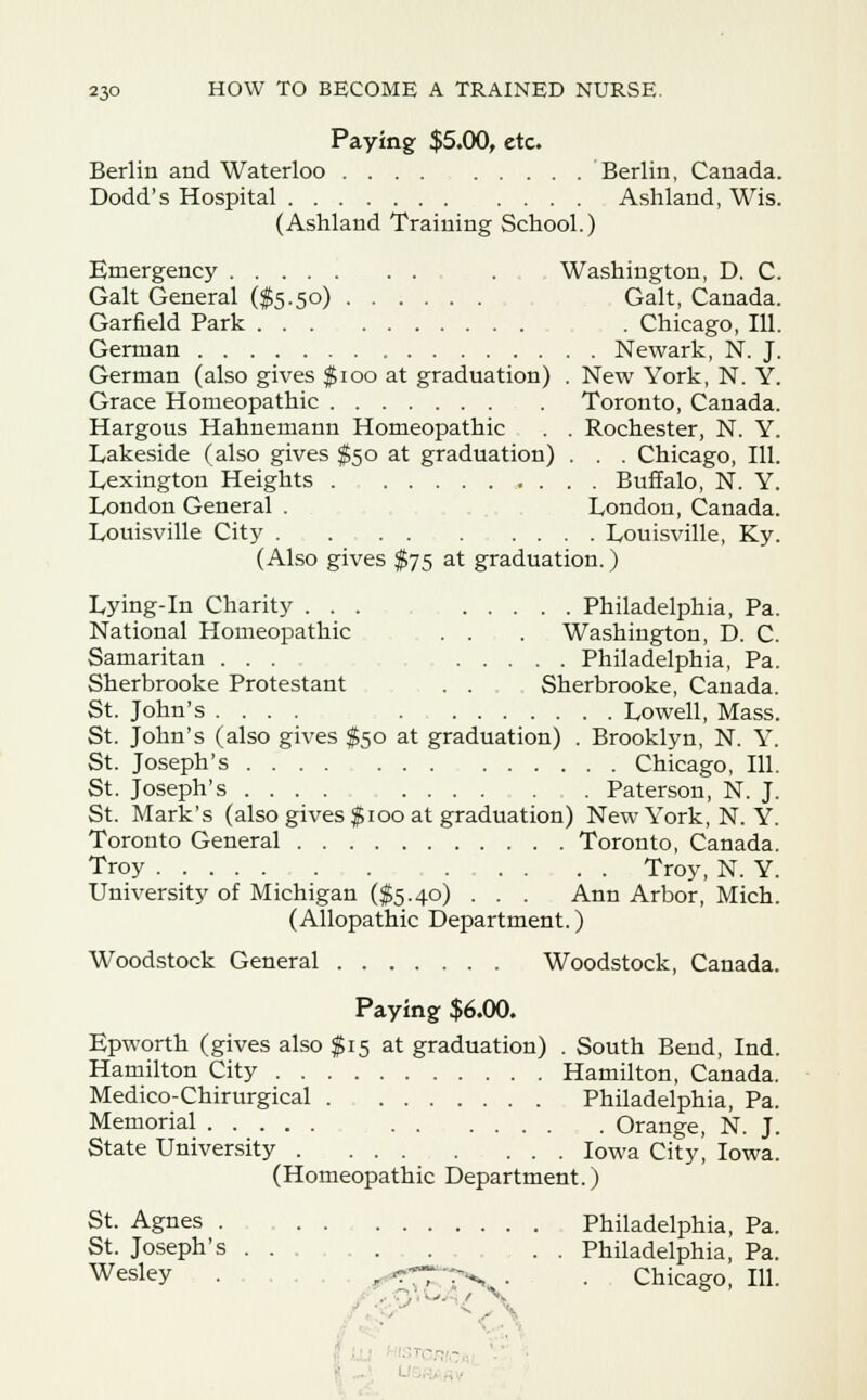 Paying $5.00, etc. Berlin and Waterloo Berlin, Canada. Dodd's Hospital Ashland, Wis. (Ashland Training School.) Emergency . , Washington, D. C. Gait General ($5.50) Gait, Canada. Garfield Park . Chicago, 111. German Newark, N. J. German (also gives $100 at graduation) . New York, N. Y. Grace Homeopathic Toronto, Canada. Hargous Hahnemann Homeopathic . . Rochester, N. Y. Lakeside (also gives $50 at graduation) . . . Chicago, 111. Lexington Heights . , . . . Buffalo, N. Y. London General . London, Canada. Louisville City Louisville, Ky. (Also gives $75 at graduation.) Lying-in Charity ... Philadelphia, Pa. National Homeopathic . . . Washington, D. C. Samaritan ... Philadelphia, Pa. Sherbrooke Protestant . . Sherbrooke, Canada. St. John's .... Lowell, Mass. St. John's (also gives $50 at graduation) . Brooklyn, N. Y. St. Joseph's Chicago, 111. St. Joseph's .... Paterson, N. J. St. Mark's (also gives $roo at graduation) New York, N. Y. Toronto General Toronto, Canada. Troy ... . . Troy, N. Y. University of Michigan ($5.40) . . . Ann Arbor, Mich. (Allopathic Department.) Woodstock General Woodstock, Canada. Paying $6.00. Epworth (gives also $15 at graduation) . South Bend, Ind. Hamilton City Hamilton, Canada. Medico-Chirurgical Philadelphia, Pa. Memorial Orange, N. J. State University Iowa City, Iowa. (Homeopathic Department.) St. Agnes . Philadelphia, Pa. St. Joseph's . . . . . . Philadelphia, Pa. Wesley . . , c«7 >v • • Chicago, 111. ..■■■■-.'> STCRK
