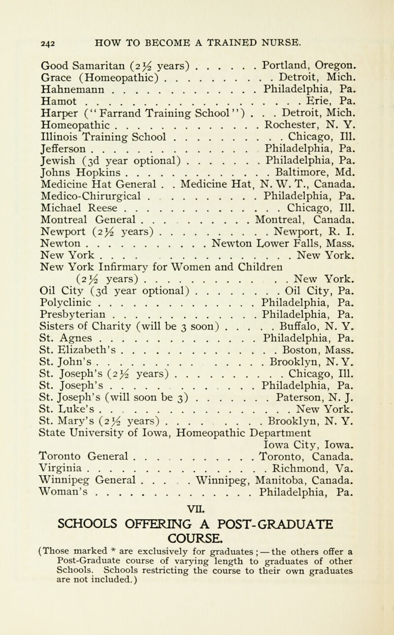 Good Samaritan (2^ years) Portland, Oregon. Grace (Homeopathic) Detroit, Mich. Hahnemann Philadelphia, Pa. Hamot Erie, Pa. Harper ( Farrand Training School ) . . . Detroit, Mich. Homeopathic Rochester, N. Y. Illinois Training School Chicago, 111. Jefferson Philadelphia, Pa. Jewish (3d year optional) Philadelphia, Pa. Johns Hopkins Baltimore, Md. Medicine Hat General . . Medicine Hat, N. W. T., Canada. Medico-Chirurgical Philadelphia, Pa. Michael Reese Chicago, 111. Montreal General Montreal, Canada. Newport (2^ years) Newport, R. I. Newton Newton Tower Falls, Mass. New York .... New York. New York Infirmary for Women and Children {2% years) New York. Oil City (3d year optional) Oil City, Pa. Polyclinic Philadelphia, Pa. Presbyterian Philadelphia, Pa. Sisters of Charity (will be 3 soon) Buffalo, N. Y. St. Agnes Philadelphia, Pa. St. Elizabeth's Boston, Mass. St. John's Brooklyn, N. Y. St. Joseph's (2^ years) Chicago, 111. St. Joseph's Philadelphia, Pa. St. Joseph's (will soon be 3) Paterson, N. J. St. Tuke's New York. St. Mary's (2*4 years) Brooklyn, N. Y. State University of Iowa, Homeopathic Department Iowa City, Iowa. Toronto General Toronto, Canada. Virginia Richmond, Va. Winnipeg General ... . Winnipeg, Manitoba, Canada. Woman's Philadelphia, Pa. vn. SCHOOLS OFFERING A POST-GRADUATE COURSE. (Those marked * are exclusively for graduates ; — the others offer a Post-Graduate course of varying length to graduates of other Schools. Schools restricting the course to their own graduates are not included.)