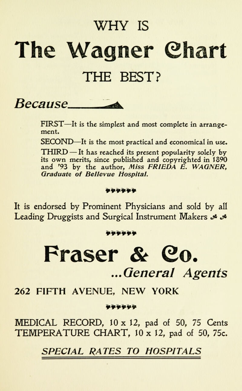 WHY IS The Wagner ©hart THE BEST? Because. FIRST—It is the simplest and most complete in arrange- ment. SECOND—It is the most practical and economical in use. THIRD — It has reached its present popularity solely by its own merits, since published and copyrighted in 1890 and '93 by the author, Miss FRIEDA E. WAGNER, Graduate of Bellevue Hospital. ****** It is endorsed by Prominent Physicians and sold by all Leading Druggists and Surgical Instrument Makers *s* ^ ****** Fraser & Qo. ...General Agents 262 FIFTH AVENUE, NEW YORK ****** MEDICAL RECORD, 10 x 12, pad of 50, 75 Cents TEMPERATURE CHART, 10 x 12, pad of 50, 75c. SPECIAL RATES TO HOSPITALS