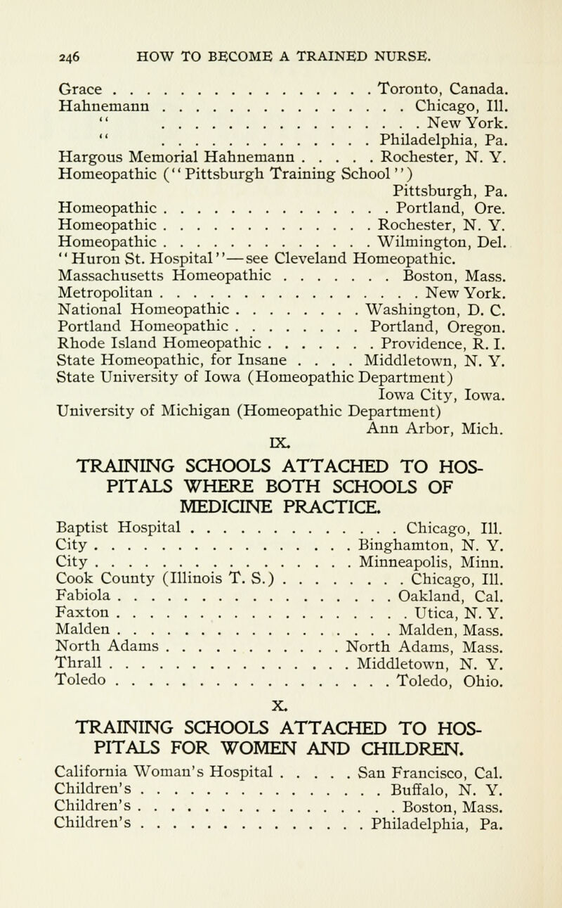 Grace Toronto, Canada. Hahnemann Chicago, 111.  New York. Philadelphia, Pa. Hargous Memorial Hahnemann Rochester, N. Y. Homeopathic ('' Pittsburgh Training School'') Pittsburgh, Pa. Homeopathic Portland, Ore. Homeopathic Rochester, N. Y. Homeopathic Wilmington, Del. Huron St. Hospital—see Cleveland Homeopathic. Massachusetts Homeopathic Boston, Mass. Metropolitan New York. National Homeopathic Washington, D. C. Portland Homeopathic Portland, Oregon. Rhode Island Homeopathic Providence, R. I. State Homeopathic, for Insane .... Middletown, N. Y. State University of Iowa (Homeopathic Department) Iowa City, Iowa. University of Michigan (Homeopathic Department) Ann Arbor, Mich. IX. TRAINING SCHOOLS ATTACHED TO HOS- PITALS WHERE BOTH SCHOOLS OF MEDICINE PRACTICE. Baptist Hospital Chicago, 111. City Binghamton, N. Y. City Minneapolis, Minn. Cook County (Illinois T. S.) Chicago, 111. Fabiola Oakland, Cal. Faxton Utica, N. Y. Maiden Maiden, Mass. North Adams North Adams, Mass. Thrall Middletown, N. Y. Toledo Toledo, Ohio. X. TRAINING SCHOOLS ATTACHED TO HOS- PITALS FOR WOMEN AND CHILDREN. California Woman's Hospital San Francisco, Cal. Children's Buffalo, N. Y. Children's Boston, Mass. Children's Philadelphia, Pa.