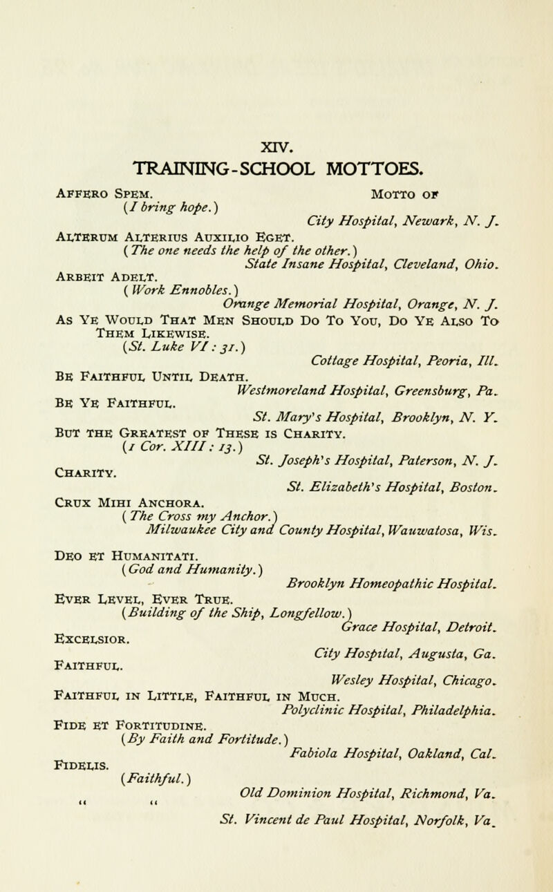 xrv. TRAINING-SCHOOL MOTTOES. Affero Spem. Motto of {Ibring hope.) City Hospital, Newark, N. J. Alterum Alterius Auxilio Eget. (The one needs the help of the other.) State Insane Hospital, Cleveland, Ohio. Arbeit Adelt. ( Work Ennobles.) Orange Memorial Hospital, Orange, N. J. As Ye Would That Men Should Do To You, Do Ye Also To Them Likewise. {St. Luke VI: 31.) Cottage Hospital, Peoria, III. Be Faithful Until Death. IVeslmoreland Hospital, Greensburg, Pa. Be Ye Faithful. St. Mary's Hospital, Brooklyn, N. Y. But the Greatest of These is Charity. {iCor. XIII: 13.) St. Joseph's Hospital, Paterson, N. J. Charity. St. Elizabeth's Hospital, Boston. Crux Mihi Anchora. ( The Cross my Anchor.) Milwaukee City and County Hospital, Wauwatosa, Wis. Deo et Humanitati. (God and Humanity.) Brooklyn Homeopathic Hospital. Ever Level, Ever True. {Building of the Ship, Longfellow.) Grace Hospital, Detroit. Excelsior. City Hospital, Augusta, Ga. Faithful. Wesley Hospital, Chicago. Faithful in Little, Faithful in Much. Polyclinic Hospital, Philadelphia. Fide et Fortitudine. {By Faith and Fortitude.) Fabiola Hospital, Oakland, Cat. FlDELIS. {Faithful.) Old Dominion Hospital, Richmond, Va. St. Vincent de Paul Hospital, Norfolk, Va.