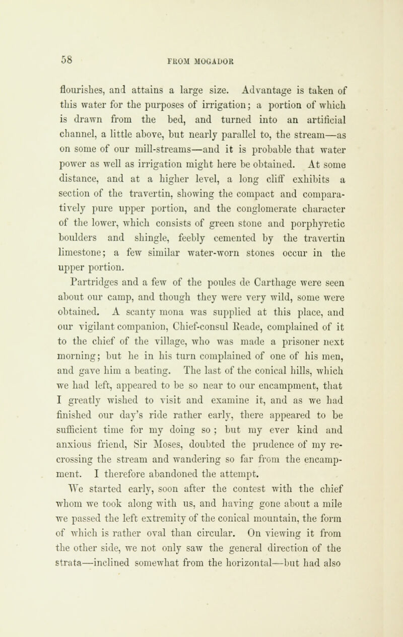 flourishes, and attains a large size. Advantage is taken of this water for the purposes of irrigation; a portion of wliich is drawn from the bed, and turned into an artificial channel, a little above, but nearly parallel to, the stream—as on some of our mill-streams—and it is probable that water power as well as irrigation might here be obtained. At some distance, and at a higher level, a long clitF exhibits a section of the travertin, showing the compact and compara- tively pure upper portion, and the conglomerate character of the lower, which consists of green stone and porphyretic boulders and shingle, feebly cemented by the travertin limestone; a few similar water-worn stones occur in the upper portion. Partridges and a few of the poules de Cartilage were seen about our camp, and though they were very wild, some were obtained. A scanty mona was supplied at this place, and our vigilant companion. Chief-consul Eeade, complained of it to the chief of the village, who was made a prisoner next morning; but he in his turn complained of one of his men, and gave him a beating. The last of the conical hills, wliich we had left, appeared to be so near to our encampment, that I greatly wished to visit and examine it, and as we had finished our day's ride rather early, there appeared to be sufficient time for my doing so ; but my ever kind and anxious friend. Sir Moses, doubted the prudence of my re- crossing the stream and wandering so far from the encamp- ment. I therefore abandoned the attempt. U'e started early, soon after the contest with the chief whom we took along with us, and having gone about a mile we passed the left extremity of the conical mountain, the form of which is rather oval than circular. On viewing it from the other side, we not only saw the general direction of the strata—inclined somewhat from the horizontal—but had also