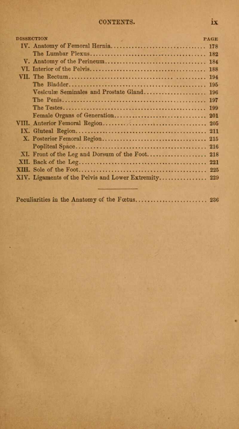 DISSECTION PAGE IV. Anatomy of Femoral Hernia 178 The Lumbar Plexus 182 V. Anatomy of the Perineum 184 VI. Interior of the Pelvis 188 VII. The Rectum 194 The Bladder 195 Vesiculae Seminaies and Prostate Gland 196 The Penis 197 The Testes 199 Female Organs of Generation 201 VIII. Anterior Femoral Region 205 IX. Gluteal Region 211 X. Posterior Femoral Region 215 Popliteal Space 216 XI. Front of the Leg and Dorsum of the Foot 218 XII. Back of the Leg 221 XIII. Sole of the Foot 225 XIV. Ligaments of the Pelvis and Lower Extremity 229 Peculiarities in the Anatomy of the Foetus 236