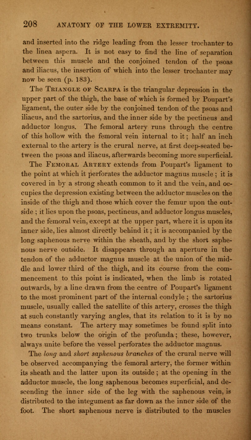 and inserted into the ridge leading from the lesser trochanter to the linea aspera. It is not easy to find the line of separation between this muscle and the conjoined tendon of the psoas and iliacus, the insertion of which into the lesser trochanter may now be seen (p. 183). The Triangle of Scarpa is the triangular depression in the upper part of the thigh, the base of which is formed by Poupart's ligament, the outer side by the conjoined tendon of the psoas and iliacus, and the sartorius, and the inner side by the pectineus and adductor longus. The femoral artery runs through the centre of this hollow with the femoral vein internal to it; half an inch external to the artery is the crural nerve, at first deep-seated be- tween the psoas and iliacus, afterwards becoming more superficial. The Femoral Artery extends from Poupart's ligament to the point at which it perforates the adductor magnus muscle ; it is covered in by a strong sheath common to it and the vein, and oc- cupies the depression existing between the adductor muscles on the inside of the thigh and those which cover the femur upon the out- side ; it lies upon the psoas, pectineus, and adductor longus muscles, and the femoral vein, except at the upper part, where it is upon its inner side, lies almost directly behind it; it is accompanied by the long saphenous nerve within the sheath, and by the short saphe- nous nerve outside. It disappears through an aperture in the tendon of the adductor magnus muscle at the union of the mid- dle and lower third of the thigh, and its course from the com- mencement to this point is indicated, when the limb is rotated outwards, by a line drawn from the centre of Poupart's ligament to the most prominent part of the internal condyle ; the sartorius muscle, usually called the satellite of this artery, crosses the thigh at such constantly varying angles, that its relation to it is by no means constant. The artery may sometimes be found split into two trunks below the origin of the profunda; these, however, always unite before the vessel perforates the adductor magnus. The long and short saphenous branches of the crural nerve will be observed accompanying the femoral artery, the former within its sheath and the latter upon its outside ; at the opening in the adductor muscle, the long saphenous becomes superficial, and de- scending the inner side of the leg with the saphenous vein, is distributed to the integument as far down as the inner side of the foot. The short saphenous nerve is distributed to the muscles