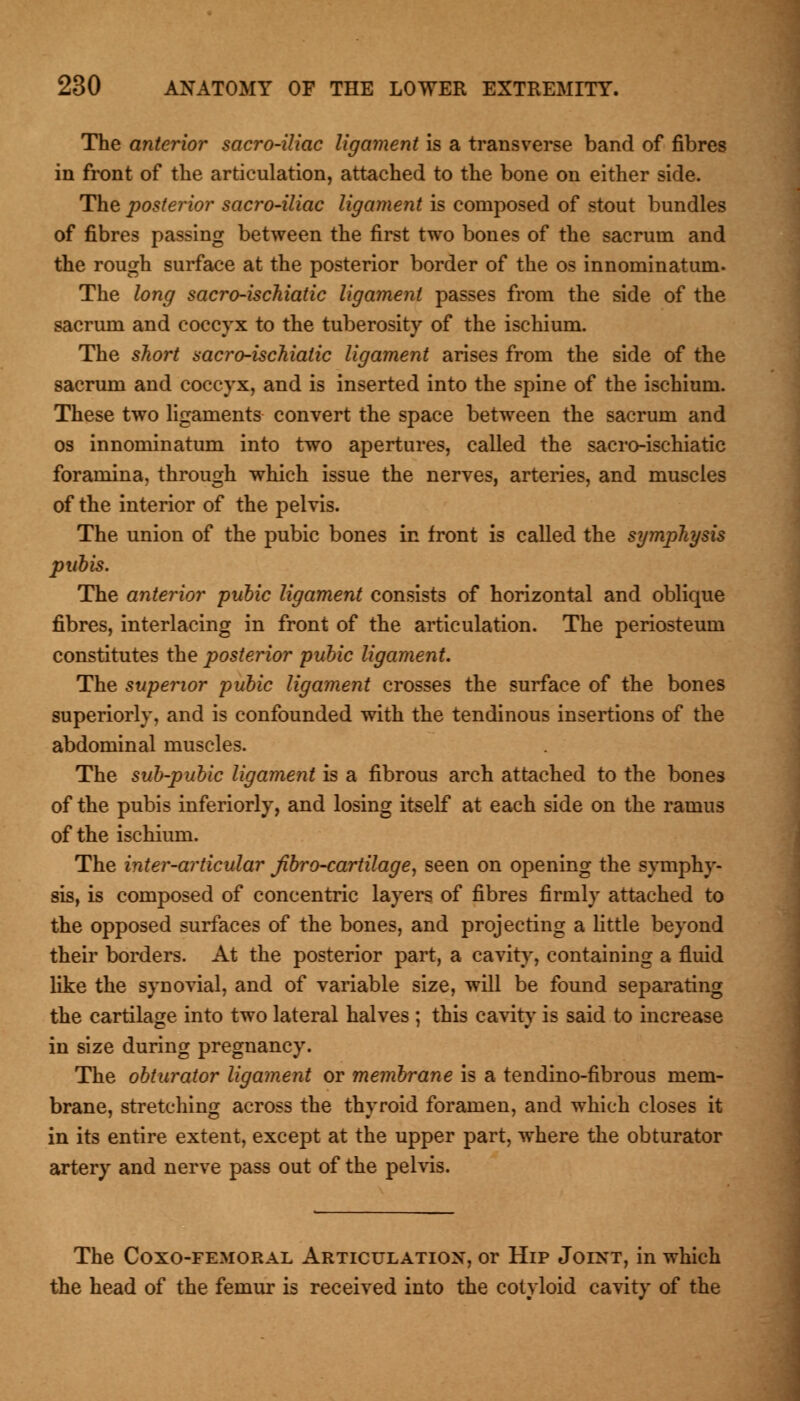 The anterior sacro-iliac ligament is a transverse band of fibres in front of the articulation, attached to the bone on either side. The posterior sacro-iliac ligament is composed of stout bundles of fibres passing between the first two bones of the sacrum and the rough surface at the posterior border of the os innominatum. The long sacro-iscMatic ligament passes from the side of the sacrum and coccyx to the tuberosity of the ischium. The short sacrchischiatic ligament arises from the side of the sacrum and coccyx, and is inserted into the spine of the ischium. These two ligaments convert the space between the sacrum and os innominatum into two apertures, called the sacro-ischiatic foramina, through which issue the nerves, arteries, and muscles of the interior of the pelvis. The union of the pubic bones in front is called the symphysis pubis. The anterior pubic ligament consists of horizontal and oblique fibres, interlacing in front of the articulation. The periosteum constitutes the posterior pubic ligament. The superior pubic ligament crosses the surface of the bones superiorly, and is confounded with the tendinous insertions of the abdominal muscles. The sub-pubic ligament is a fibrous arch attached to the bones of the pubis inferiorly, and losing itself at each side on the ramus of the ischium. The inter-articular Jibro-cartilage, seen on opening the symphy- sis, is composed of concentric layers of fibres firmly attached to the opposed surfaces of the bones, and projecting a little beyond their borders. At the posterior part, a cavity, containing a fluid like the synovial, and of variable size, will be found separating the cartilage into two lateral halves ; this cavity is said to increase in size during pregnancy. The obturator ligament or membrane is a tendino-fibrous mem- brane, stretching across the thyroid foramen, and which closes it in its entire extent, except at the upper part, where the obturator artery and nerve pass out of the pelvis. The Coxo-femoral Articulation, or Hip Joint, in which the head of the femur is received into the cotyloid cavity of the