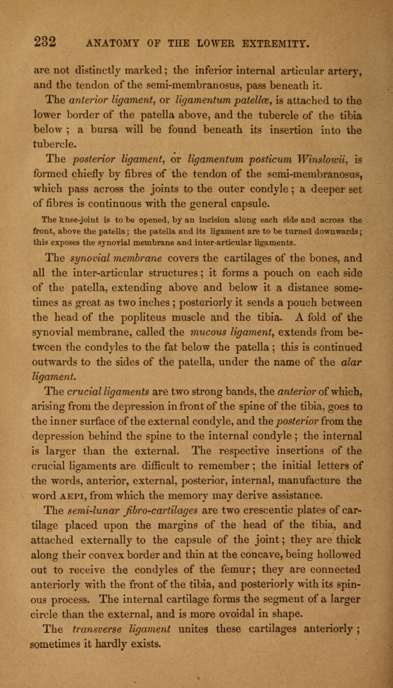are not distinctly marked; the inferior internal articular artery, and the tendon of the semi-menibranosus, pass beneath it. The anterior ligament, or ligamentum patellce, is attached to the lower border of the patella above, and the tubercle of the tibia below ; a bursa will be found beneath its insertion into the tubercle. The posterior ligament, or ligamentum posticum Winslowii, is formed chiefly by fibres of the tendon of the semi-membranosus, which pass across the joints to the outer condyle; a deeper set of fibres is continuous with the general capsule. The knee-joint is to be opened, by an incision along each side and across the front, above the patella; the patella and its ligament are to be turned downwards ; this exposes the synovial membrane and inter-articular ligaments. The synovial membrane covers the cartilages of the bones, and all the inter-articular structures; it forms a pouch on each side of the patella, extending above and below it a distance some- times as great as two inches ; posteriorly it sends a pouch between the head of the popliteus muscle and the tibia. A fold of the synovial membrane, called the mucous ligament, extends from be- tween the condyles to the fat below the patella ; this is continued outwards to the sides of the patella, under the name of the alar ligament. The crucial ligaments are two strong bands, the anterior of which, arising from the depression in front of the spine of the tibia, goes to the inner surface of the external condyle, and the posterior from the depression behind the spine to the internal condyle ; the internal is larger than the external. The respective insertions of the crucial ligaments are difficult to remember ; the initial letters of the words, anterior, external, posterior, internal, manufacture the word aepi, from which the memory may derive assistance. The semi-lunar Jibro-cartilages are two crescentic plates of car- tilage placed upon the margins of the head of the tibia, and attached externally to the capsule of the joint; they are thick along their convex border and thin at the concave, being hollowed out to receive the condyles of the femur; they are connected anteriorly with the front of the tibia, and posteriorly with its spin- ous process. The internal cartilage forms the segment of a larger circle than the external, and is more ovoidal in shape. The transverse ligament unites these cartilages anteriorly ; sometimes it hardly exists.