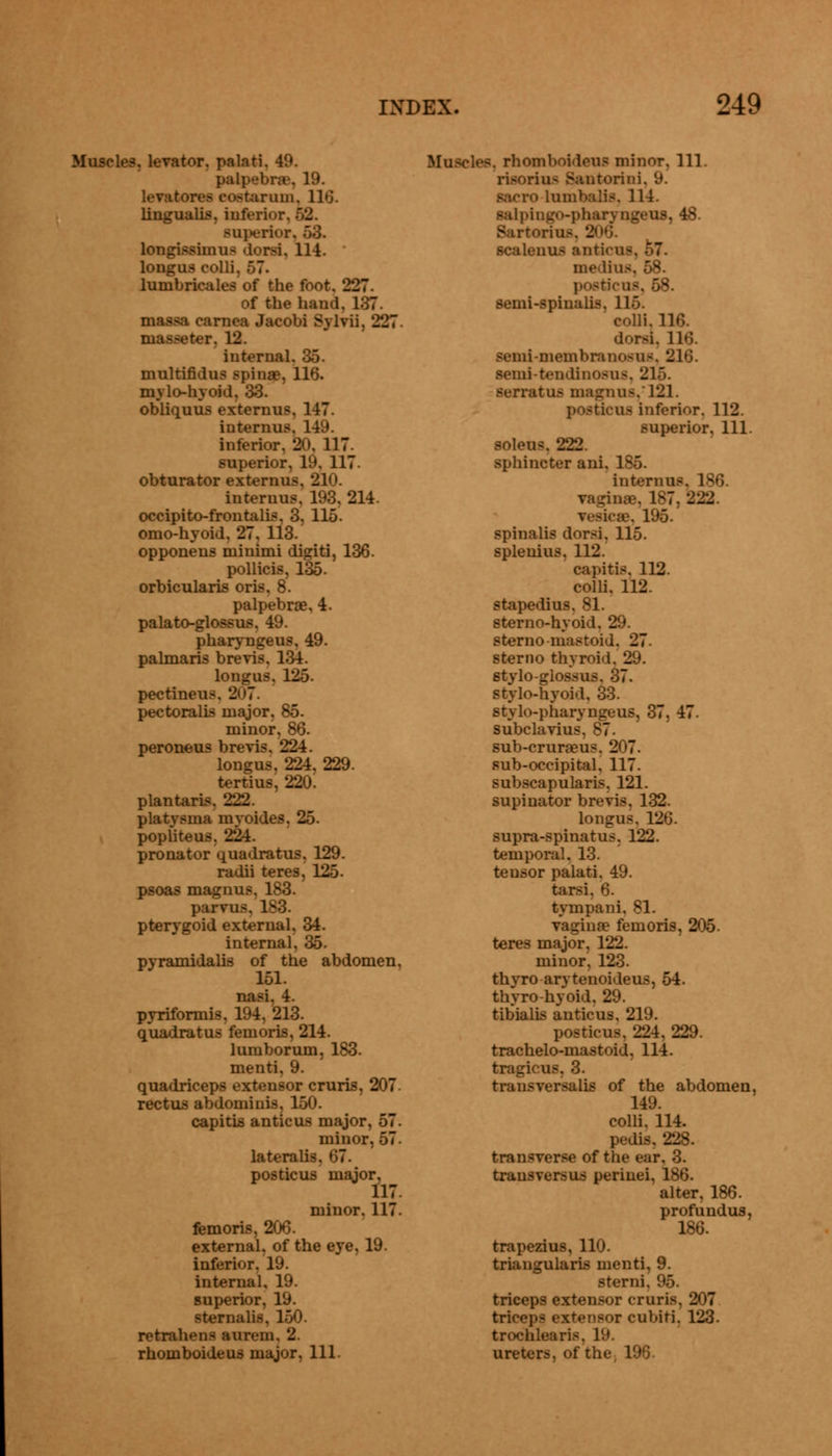 Muscles, levator, palati. 40. pal])--l -'arum. ll»j. lingualis. intuitu Buperl longiwrfmnfl doni, 114. longus colli lumbricales of the foot. _ of the hand. 187. U Sylvii, 227. •• r. 12. internal. 35. multifidus spiuse, 116. mylo-hyoid. 33. obliquus externum. 147. interims. 149. inferior. 30. 117. superior, 19, 117. obturator externum interuus, 193. 214. occipito-fron talis. 3. 115. omo-hyoid. 27. 113. opponens minimi digiti, 136. pollicis, 135. orbicularis oris. 8. palpebrae, 4. palato-glos.-u- pharyngeus, 49. palmaris brevis, 134. longus. 125. pectineu.-. 2 pectoralis major, 85. minor, 86. peroneus brevis. 224. longus, 224, 229. terthM plantaris. 222. platysma myoides. 25. popliteus. 224. pronator quadratus. 129. radii teres, 125. psoas magnus, 183. parvu- pterygoid external, 34. internal, 35. pyramidalis of the abdomen, 151. -i. 4. pyriformis, 194, 213. quadratus femoris, 214. lumborum, 183. menti, 9. quadriceps extensor cruris, 207. rectus abdominis, 150. capitis antic us major, 57. minor, 57. lateralis. 67. posticus major, minor. 117. femori external, of the eye, 19. inferior, 19. internal, 19. superior, 19. rternnlto, 150. retrahens aur<m. 2 rhomboideus major, 111. \t minor. Ill rias Santoriui. 9. saero luniliali-. 111. Balpingo-phsxyngetis, 48. scalenus anticus, o7. in«'. li poetic semi-spinalis. 11.. colli. 116. doni, LM semi-inemhranosus. 216. semi-tendinosus. 215. serratu> magnum 121. posticus inferior. 112. superior, 111. soleus. 222. sphincter ani, 185. interuus, 186. vagina?. 187, - vesicae, 195. spinalis dorsi. 115. splenitis. 112. ca} litis, 112. colli. 112. stapedius, 81. sterno-hyoid. 29. sterno mastoid. 27- sterno thyroid. 29. styloglossus. 37. stylo-hyoid. 33. stvlo-pharyngeus, 37, 47- subclavius, 87. sub-cruraeus. 207. sub-occipital, 117. subscapulars, 121. supinator brevis. 132. longus. 126. supra-spinatus. 122. temporal. 13. tensor palati, 49. tarsi, 6. tympani. 81. vaginae femoris, 205. teres major, 122. minor, 123. thyro arytenoideus, 54. thyrohyoid, 29. tibialis anticus, 219. posticus, 224, 229. trachelo-mastoid. 114. us, 3. transversalis of the abdomen, 149. colli, 114. is, 228. transverse of the ear. 3. trans vers us perinei, 186. alter. 186. profundus, 186. trapezius, 110. triangularis menti, 9. sterni, 95. triceps extensor cruris, 207 trie uliiri. 123. trochlears. 19. ureters, of thi