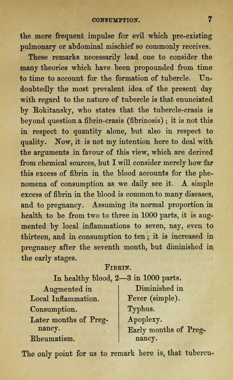 the more frequent impulse for evil which pre-existing pulmonary or abdominal mischief so commonly receives. These remarks necessarily lead one to consider the many theories which have been propounded from time to time to account for the formation of tubercle. Un- doubtedly the most prevalent idea of the present day with regard to the nature of tubercle is that enunciated by Kokitansky, who states that the tubercle-crasis is beyond question a fibrin-crasis (fibrinosis) ; it is not this in respect to quantity alone, but also in respect to quality. Now, it is not my intention here to deal with the arguments in favour of this view, which are derived from chemical sources, but I will consider merely how far this excess of fibrin in the blood accounts for the phe- nomena of consumption as we daily see it. A simple excess of fibrin in the blood is common to many diseases, and to pregnancy. Assuming its normal proportion in health to be from two to three in 1000 parts, it is aug- mented by local inflammations to seven, nay, even to thirteen, and in consumption to ten; it is increased in pregnancy after the seventh month, but diminished in the early stages. Fibrin. In healthy blood, 2—3 in 1000 parts. Augmented in Local Inflammation. Consumption. Later months of Preg- nancy. Eheumatism. Diminished in Fever (simple). Typhus. Apoplexy. Early months of Preg- nancy. The only point for us to remark here is, that tubercu-
