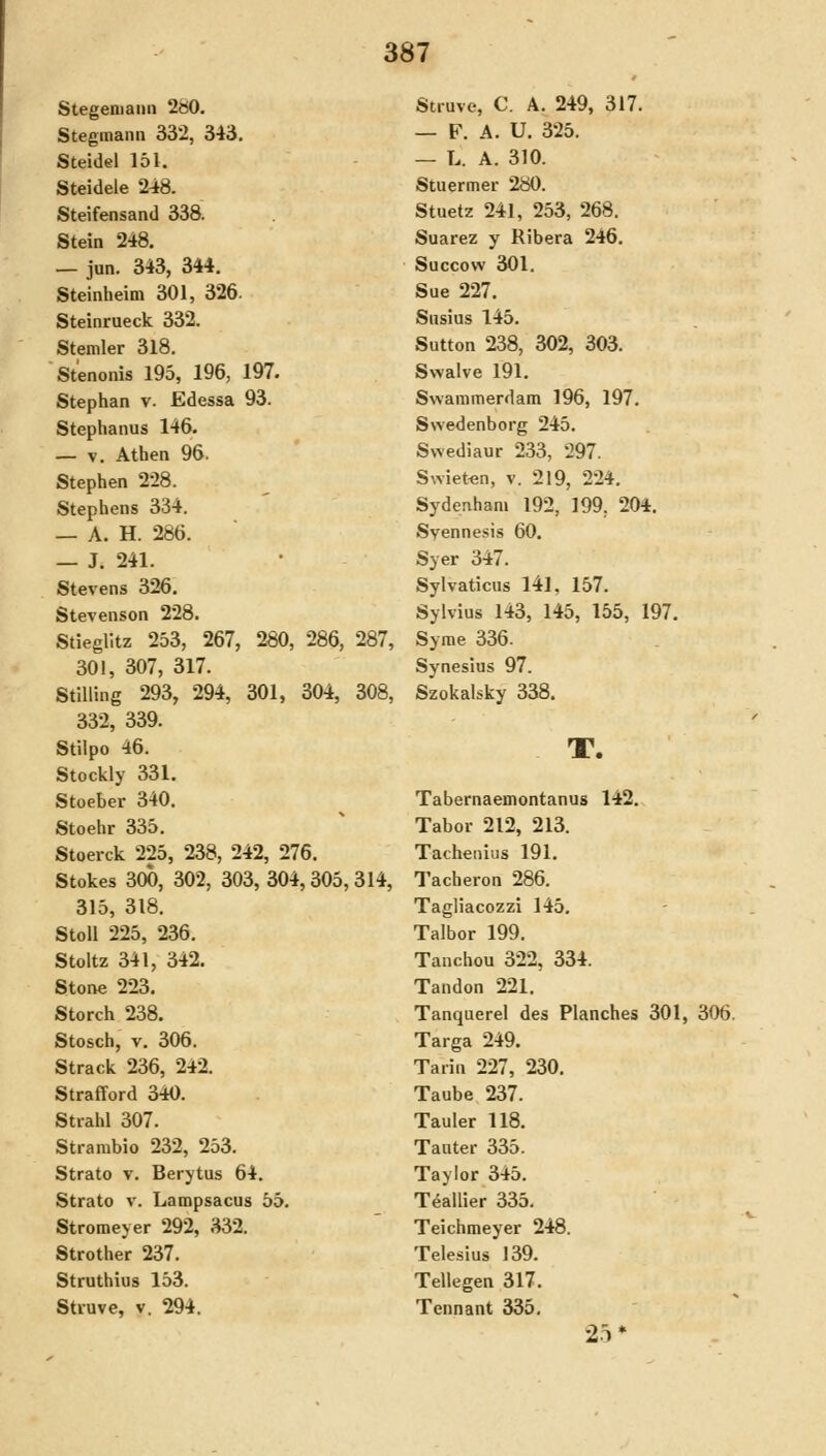 Stegeniann 280, Stegmann 332, 343. Steidel 151. Steidele 248. Steifensand 338. Stein 248. — jun. 343, 344. Steinheim 301, 326. Steinrueck 332. Stemler 318. St'enonis 195, 196, 197. Stephan v. Edessa 93. Stephanus 146. — V. Athen 96. Stephen 228. Stephens 334. _ A. H. 286. — J. 241. Stevens 326. Stevenson 228. Stieglitz 253, 267, 280, 286, 287, 301, 307, 317. StiUing 293, 294, 301, 304, 308, 332, 339. Stilpo 46. Stockly 331. Stoeber 340. Stoehr 335. Stoerck 225, 238, 242, 276. Stokes 300, 302, 303, 304,305,314, 315, 318. StoU 225, 236. Stoltz 341, 342. Stone 223. Storch 238. Stosch, V. 306. Strack 236, 242. Strafford 340. Strahl 307. Strarabio 232, 253. Strato V. Berytus 64. Strato V. Lampsacus 55. Stromeyer 292, 332. Strother 237. Struthius 153. Struve, V. 294. Struve, C. A. 249, 317. — F. A. U, 325. — L. A. 310. Stuermer 280. Stuetz 241, 253, 268. Suarez y Ribera 246. Succow 301. Sue 227. Snsius 145. Sutton 238, 302, 303. Swalve 191. Swammerdam 196, 197. Swedenborg 245. Swediaur 233, 297. Swiet^n, v. 219, 224. Sydenham 192, 199. 204. Syennesis 60. Syer 347. Sylvaticus 141, 157. Sylvius 143, 145, 155, 197. Syme 336. Synesius 97. Szokalsky 338. T. Tabernaemontanus 142. Tabor 212, 213. Tacheiiius 191. Tacheron 286. Tagliacozzi 145, Talbor 199. Tanchou 322, 334. Tandon 221. Tanquerel des Planches 301, 306. Targa 249. Tarin 227, 230. Taube 237. Tauler 118. Tauter 335. Taylor 345. Teailier 335. Teichmeyer 248. Telesius 139. Tellegen 317. Tennant 335, 25 *