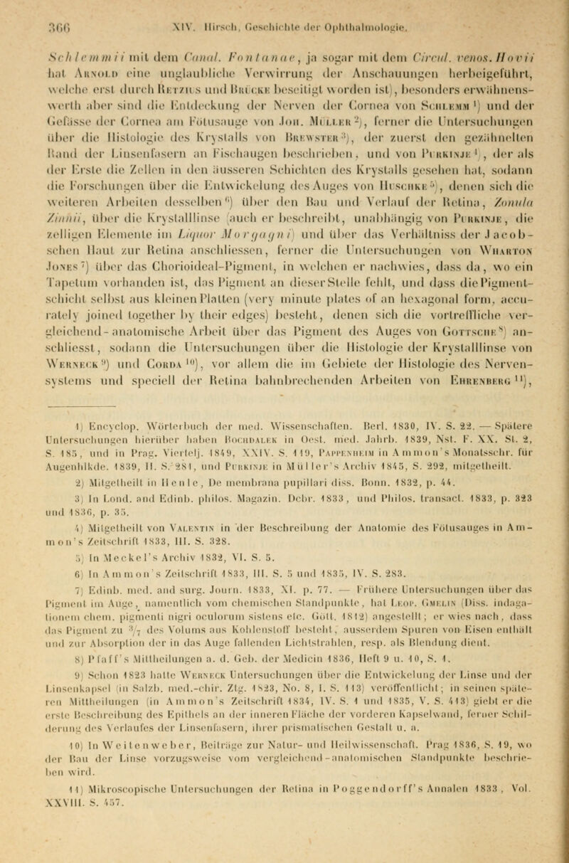 Schlernmii mit dein Canal. Fontanae, ja sogar mit dem Circul. venös.Hovii hat Arnold eine unglaubliche Verwirrung der Anschauungen herbeigeführt, welche erst durch Km/h s und Bri cm: beseitigt worden ist , besonders erwähnens- werth aber sind die Entdeckung der Nerven der Cornea von Schlemm' und der Gelasse der Cornea am Fötusauge von Joh. Müller2 , ferner die Untersuchungen über die Histologie des Krystalls \<>n Brewster3), der zuerst den geziihnelten Rand der Linsenfasern an Fischaugen beschrieben3 und von Purkinje11 , der als der Erste die Zellen in den äusseren Schichten des Krystalls gesehen hat, sodann die Forschungen über dir Entwickelung des Auges von Huschkb5 , denen sich die weiteren Arbeilen desselben6) über den Bau und Verlauf der Retina, Zonula Zinnii, über die Krystallliose auch er beschreibt, unabhängig von Purkinje, die zelligen Elemente im Liquor Morgagni und Über das Verhältniss der Jacob- schen Haut zur Beiina anschliessen, ferner die Untersuchungen von Wbartor Jonbs7) Über das Chorioideal-Pigment, in welchen er nachwies, dass da, \m> ein Tapetum vorbanden ist, das Pigment an dieserStelle fehlt, und dass die Pigment- schicht selbst aus kleinen Platten (verj minute plates of an hexagonal form, aecu- ratelj joined together bj their edges) besteht, denen sieh die vortreffliche ver- gleichend-anatomische Arbeit über «las Pigment des Auges von Gottschb8) an- schliesst, sodann die Untersuchungen über die Histologie der Krystalllinse von Werneck9J und Corda10), vor allem die im Gebiete der Histologie des'Nerven- systems und speciell der Retina bahnbrechenden Arbeilen von Ehrenbbrg11), 1 Encyclop, Wörterbuch der med. Wissenschaften. Berl. IS30, 1\. S. 2-2.—Spätere Untersuchungen hierüber haben Bochdalek in Oest. med. Jahrb. 1S3'.», Nst. F. \\. St. 2, S. 185, und in Prag. Viertelj. is/i<), XXIV. S. im, Pappenheiim in Ammon's Monatsschr. für Augenhlkde. I8S9, II. S.-281, und Pdrkisje in Müller's Archiv 1845, S. 292, tnitgetheilt. -1 Milgelheill in Henle, De membrana pupillari diss. Bonn. 1832, p. 4*. 3 In I. I. and Edinb. philos. Magazin. Dcbr. 1833, und Philos. transact. I8S3, p. 323 und 1836, p. 35. 1 Mitgetheilt von Valentin in der Beschreibung der Anatomie des Fölusaüges in Am- mon's Zeitschrift is33, 111. S. 328. ., In Meckel's Archiv 183-2, VI. S. 5. 6 In Ammon's Zeitschrifl 1833, III. S. :; und 1835, IV. S. 283. 7] Edinb. med. and surg. Journ. is.33, XI. p. 77. — Frühere l utersuchungen über das Pig nl im Auge, namentlich vom chemischen Standpunkte, hat Leop. Gmelin l>i^-;. indaga tionem ehem. pigmenti nigri oculorum sislens etc. Gölt. 1812) angestellt; er wies nach, d;i^^ das Pigroenl zu '■' - des Volums aus Kohlenstoff bestehl. ausserdem Spuren von Eisen enthält und zur Absorption der in das Auge fallenden Lichtstrahlen, resp. als Blendung dient. 8) Pfaff's Mittheilungen a. d. Geb. derMedicin 1836, lieft 9 u. 10, S. i. 'j Schon 1823 hatte Werneck Untersuchungen über die Entwickelung der Linse und der Linsenkapsel in Salzb. med.-chir. Ztg. 1823, No. 8, LS. 113) veröffentlicht; in seinen späte ren Mittheilungen in Ammon's Zeitschrift 4834, IV. S. 1 und 1835, V. S. 418) giebt er die erste Beschreibung des Epithels im der inneren Fläche der vorderen Kapselwand, ferner Schil- derung des Verlaufes der Linsenfasern, ihrer prismatischen Gestall u. a. in [n Weitenweber, Beiträge zur Natur-und Heilwissenschaft. Prag 1836, s. 19, wo r 11 ■ i Bau der Linse vorzugsweise vom vergleichend-anatomischen Standpunkte beschrie- ben wird. 11) Mikroscopische Untersuchungen der Retina in Poggendorff's Annalen 1833. Vol. XXVIII. S. 157.