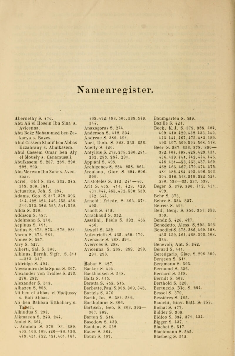 Namenregister. Abernethy S. 4 76. Abu Ali el Hosein Ibn Sina s. Avicenna. Abu Bekr Mohammed ben Za- karya s. Razes. Abul Cassem Khalif ben Abbas Ezzahrauy s. Abulkasem. Abul Cassem Omar ben Aly el Mously s. Canamusali. Abulkasem S. 287. 289. 290. 292. 293. AbuMerwan Ibn Zohr s. Aven- zoar. Acrel, Olof S. 328. 332. 345. 349. 360. 361. Actuarius, Joh. S. 294. Adams, Geo. S. 3 17. 379. 395. 414. 422. 424.446. 455. 45S. 510.515. 522. 525.541.542. Adda S. 370. Addison S. 487. Adelmann S. 540. Aepinus S. 491. Aetius S. 273. 275—27S. 281. Ahron S. 273. 281. Aiim-e S. 527. Airy S. 527. Alberti, Sal. S. 300. Albinus, Bernh. Sigfr. S. 3H — 313. 317. Aldridge S. 494. AlessandrodellaSpina S. 307. Alexander von Tralles S. 273. 276. 2S2. Alexander S. 513. Alhazen S. 288. Ali ben el Abbas el Madjussy 8. Hau Abbas. Ali ben Rabban Etthabary s. T^eii. Alkindus S. 298. Alkmaeon S. 243. 244. Amici S. 364. v. Amnion S. 379—81. 389. 10 .. '.06. 409.426—28.436. 449.451.452. 454.461.464. 465.472.493.500.539.540. 544. Anaxagoras S. 2 44. Anderson S. 412. 534. Andreae S. 380. 491. Anel, Dom. S. 323. 355. 356. Anelly S. 420. Antylius S. 273.278. 280.281. 282. 283. 284. 291. Appiani S. 498. Archigenes S. 254. 258. 264. Arculano, Giov. S. 294. 296. 509. Aristoteles S. 242. 244 — 46. Arlt S. 405. 411. 428. 429. 431.444. 465.472. 500. 539. 542. 54 4. Arnold, Friedr. S. 365. 371. 495. Arnott S. 412. Arrachaud S. 352. Assalini, Paolo S. 392. 455. 456. Atwell S. 532. Autenrieth S. 435. 462. 470. Avenzoar S. 288. 291. Averroes S. 388. Avicenna S. 288. 289. 290. 291. 293. Babor S. 427. Backer S. 494. Backhausen S. 518. Baltz S. 4 15. Baratta S. 455. 515. Barbette,Paul S.308. 309. 345. Bartels S. 376. Barth, Jos. S. 381. 512. Bartholinus S. 306. Bartisch, Geo. S. 303. 305— 307. 309. Barton S. 516. Basedow S. 433. Baudens S. 53 2. Bauer S. 364. Baum S. 407. Baumgarten S. 529. Bazille S. 421. Beck, K.J. S. 379. 388. 404. 409. 410.429.432.433. 440. 443.444.467.475.483.489. 493. 497. 500.504.508.518. Beer S. 337. 353. 378. 380— 382.404.408.428.429.431. 436.439.441.442.444. 445. 448.451—53. 455.457. 460. 462.465.467.470.474. 475. 4SI.482.484. 493.496.503. 504.512.513.519.522.524. 530. 533—35. 537. 538. Beger S. 379. 390. 412. 431. 499. Behr S. 373. Behre S. 534. 537. Beireis S. 491. Bell, Benj. S. 350. 351. 353. 359. Bendz S. 426. 427. Benedetto, Aless. S. 295. 305. Benedicts. 378. 3S6.409. 428. 455.459.461.468.503.508. 534. Benevoli, Ant. S. 342. Berard S. 411. Berengario, Giac. S. 29S.300. Bergeon S. 511. Bergmann S. 505. Bermond S. 536. Beinard S. 588. Berndt S. 503. Berthold S. 520. Bertuccio, Nie. S. 294. Bessel S. 370. Bessieres S. 4S5. Bianchi, Giov. Batt. S. 357. Bichat S. 477. Bidder S. 368. Bidloo S. 334. 371. 434. Bigger S. 437. Blachet S. 517. Blachmann S. 545. Blasbers S. 54 2.