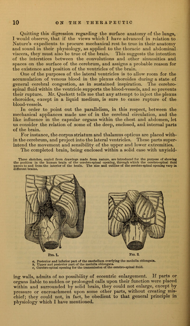 Quitting this digression regarding the surface anatomy of the lungs, I would observe, that if the views which I have advanced in relation to Nature's expedients to procure mechanical rest be true in their anatomy and sound in their physiology, as applied to the thoracic and abdominal viscera, they must also be true of the brain. This suggests the intention of the interstices between the convolutions and other sinuosities and spaces on the surface of the cerebrum, and assigns a probable reason for the existence and position of the ventricles of the brain. One of the purposes of the lateral ventricles is to allow room for the accumulation of venous blood in the plexus choroides during a state of general cerebral congestion, as in sustained inspiration. The cerebro- spinal fluid within the ventricle supports the blood-vessels, and so prevents their rupture. Mr. Quekett tells me that any attempt to inject the plexus choroides, except in a liquid medium, is sure to cause rupture of the blood-vessels. In order to point out the parallelism, in this respect, between the mechanical appliances made use of in the cerebral circulation, and the like influence in the capsular organs within the chest and abdomen, let us consider the relation of some of the deep, enclosed, and internal parts of the brain. For instance, the corpus striatum and thalamus opticus are placed with- in the cerebrum, and project into the lateral ventricles. These parts super- intend the movement and sensibility of the upper and lower extremities. The completed brain, being enclosed within a solid case with unyield- Thcse sketches, copied from drawings made from nature, are introduced for the purpose of showing the position in the human brain of the cerebro-spinal opening, through which the cerebro-spinal fluid passes to and from the interior of the brain. The size and outline of the cerebro-spinal opening vary in different brains. Fig. 1. Fig. 2. a, Posterior and inferior part of the cerebellum overlying the medulla oblongata. &, Upper and posterior part of the medulla oblongata. c, Cerebro-spinal opening for the transmission of the cerebro-spinal fluid. ing walls, admits of no possibility of eccentric enlargement. If parts or organs liable to sudden or prolonged calls upon their function were placed within and surrounded by solid brain, they could not enlarge, except by pressure or encroachment upon some other parts, without creating mis- chief; they could not, in fact, be obedient to that general principle in physiology which I have mentioned.