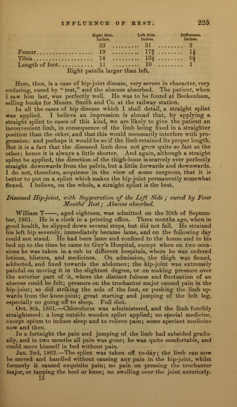 Right Side. Left Side. Difference. Inches. Inches. Inches. 33 31 2 Femur 19 17} 1± Tibia 14 13* 04 Length of foot 11 10 1 Right patella larger than left. Here, then, is a case of hip-joint disease, very severe in character, very enduring, cured by rest, and the abscess absorbed. The patient, when 1 saw him last, was perfectly well. He was to be found at Beckenham, selling books for Messrs. Smith and Co. at the railway station. In all the cases of hip disease which I shall detail, a straight splint was applied. I believe an impression is abroad that, by applying a straight splint to cases of this kind, we are likely to give the patient an inconvenient limb, in consequence of the limb being fixed in a straighter position than the other, and that this would necessarily interfere with pro- gression: and perhaps it would be so if the limb retained its proper length. But it is a fact that the diseased limb does not grow quite so fast as the other; hence it is always a little shorter. And again, although a straight splint be applied, the direction of the thigh-bone is scarcely ever perfectly straight downwards from the pelvis, but a little forwards and downwards. I do not, therefore, acquiesce in the view of some surgeons, that it is better to put on a splint which makes the hip-joint permanently somewhat flexed. I believe, on the whole, a straight splint is the best. Diseased Hip-joint, with Suppuration of the Left Side ; cured by Four Months' Rest; Abscess absorbed. William T , aged eighteen, was admitted on the 30th of Septem- ber, 1861. He is a clerk in a printing office. Three months ago, when in good health, he slipped down several steps, but did not fall. He strained his left hip severely, immediately became lame, and on the following day could not stand. He had been lame and confined to the house and to his bed up to the time he came to Guy's Hospital, except when on two occa- sions he was taken in a cab to different hospitals, where he was ordered lotions, blisters, and medicines. On admission, the thigh was flexed, adducted, and fixed towards the abdomen; the hip-joint was extremely painful on moving it in the slightest degree, or on making pressure over the anterior part of it, where the distinct fulness and fluctuation of an abscess could be felt; pressure on the trochanter major caused pain in the hip-joint; so did striking the sole of the foot, or pushing the limb up- wards from the knee-joint; great starting and jumping of the left leg, especially on going off to sleep. Full diet. Oct. 8th, 1861.—Chloroform was administered, and the limb forcibly straightened: a long outside wooden splint applied; no special medicine, except opium to induce sleep and to relieve pain; some aperient medicine now and then. In a fortnight the pain and jumping of the limb had subsided gradu- ally, and in two months all pain was gone; he was quite comfortable, and could move himself in bed without pain. Jan. 2nd, 1862.—The splint was taken off to-day; the limb can now be moved and handled without causing any pain in the hip-joint, whilst formerly it caused exquisite pain; no pain on pressing the trochanter major, or tapping the heel or knee; no swelling over the joint anteriorly. 15