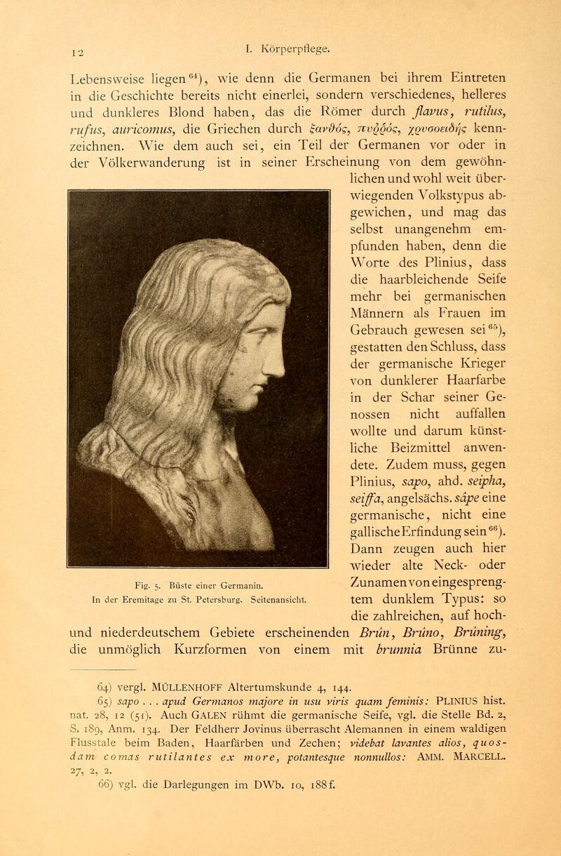 Lebensweise liegen61), wie denn die Germanen bei ihrem Eintreten in die Geschichte bereits nicht einerlei, sondern verschiedenes, helleres und dunkleres Blond haben, das die Römer durch flavus, rutilus, rufus, auricomas, die Griechen durch favßog, rcvQgog, yovooeidijg kenn- zeichnen. Wie dem auch sei, ein Teil der Germanen vor oder in der Völkerwanderung ist in seiner Erscheinung von dem gewöhn- lichen und wohl weit über- wiegenden Volkstypus ab- gewichen, und mag das selbst unangenehm em- pfunden haben, denn die Worte des Plinius, dass die haarbleichende Seife mehr bei germanischen Männern als Frauen im Gebrauch gewesen sei65), gestatten den Schluss, dass der germanische Krieger von dunklerer Haarfarbe in der Schar seiner Ge- nossen nicht auffallen wollte und darum künst- liche Beizmittel anwen- dete. Zudem muss, gegen Plinius, sapo, ahd. seipha, seiffa, angelsächs. säpe eine germanische, nicht eine gallische Erfindung sein66). Dann zeugen auch hier wieder alte Neck- oder Zunamen von eingespreng- tem dunklem Typus: so die zahlreichen, auf hoch- und niederdeutschem Gebiete erscheinenden Bnin, Bribio, Bruning, die unmöglich Kurzformen von einem mit brunnia Brünne zu- Fig. 5. Büste einer Germanin. In der Eremitage zu St. Petersburg. Seitenansicht. 64) vergl. MÜLLENHOFF Altertumskunde 4, 144. 65) sapo . . . apud Germanos majore in usu viris quam feminis: PLINIUS hist. nat. 28, 12 (51). Auch GALEN rühmt die germanische Seife, vgl. die Stelle Bd. 2, S. 189, Anm. 134. Der Feldherr Jovinus überrascht Alemannen in einem waldigen Flusstale beim Baden, Haarfärben und Zechen; videbat lavantes alios, quos- dam. comas rutilantes ex more, potantesque nonnullos: AMM. MARCELL. 27, 2, 2. 66) vgl. die Darlegungen im DWb. 10, 188 f.