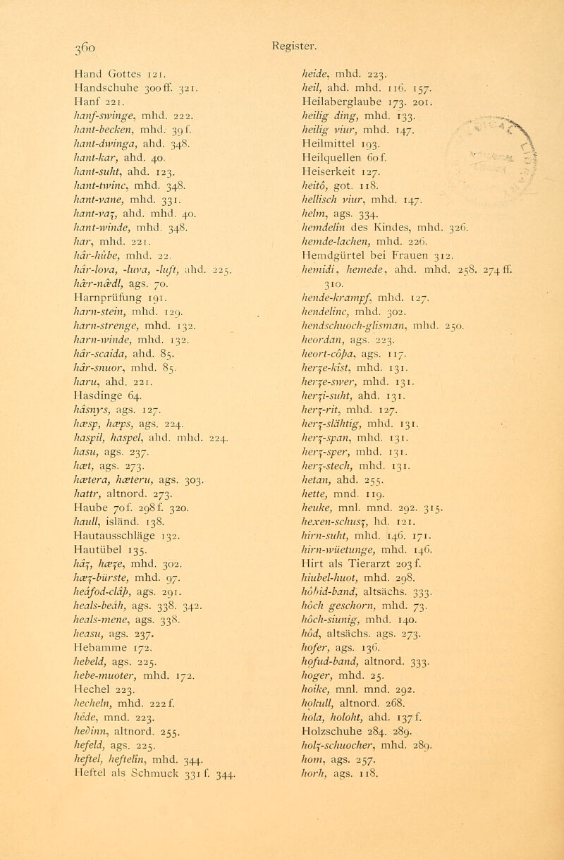 Hand Gottes 121. Handschuhe 300 ff. 321. Hanf 221. hanf-swinge, mhd. 222. hant-becken, mhd.- 39 f. hant-dwinga, ahd. 348. hant-kar, ahd. 40. hant-suht, ahd. 123. hant-twinc, mhd. 348. liant-vane, mhd. 331. hant-va^, ahd. mhd. 40. hant-winde, mhd. 348. har, mhd. 221. här-hübe, mhd. 22. här-lova, -luva, -hiß, ahd. 22c;. hcer-ncedl, ags. 70. Harnprüfung 191. ham-stein, mhd. 129. ham-strenge, mhd. 132. harn-ivinde, mhd. 132. här-scaida, ahd. 85. här-snuor, mhd. 85. /zarw, ahd. 221. Hasdinge 64. liäsnys, ags. 127. hcesp, hceps, ags. 224. haspil, haspel, ahd. mhd. 224. Aß««, ags. 237. Ad?*, ags. 273. hcetera, hceteru, ags. 303. /zattr, altnord. 273. Haube 70f. 298 f. 320. haull, isländ. 138. Hautausschläge 132. Hautübel 135. häf, hce^e, mhd. 302. hce^-bürste, mhd. 97. heäfod-cläp, ags. 291. heals-beäh, ags. 338. 342. heals-mene, ags. 338. heasu, ags. 237. Hebamme 172. hebeld, ags. 225. hebe-muoter, mhd. 172. Hechel 223. hecheln, mhd. 222! /zeie, mnd. 223. hedinn, altnord. 255. hefeld, ags. 225. heftel, heftelin, mhd. 344. Heftel als Schmuck 331 f. 344. heide, mhd. 223. heil, ahd. mhd. 116. 157. Heilaberglaube 173. 201. heilig ding, mhd. 133. heilig viur, mhd. 147. Heilmittel 193. Heilquellen 60 f. Heiserkeit 127. heitö, got. 118. hellisch viur, mhd. 147. heim, ags. 334. hemdelin des Kindes, mhd. 326. hemde-lachen, mhd. 226. Hemdgürtel bei Frauen 312. hemidi, hemede, ahd. mhd. 258. 274 fr. 310. hende-krampf mhd. 127. hendelinc, mhd. 302. Iiendschuocli-glisman, mhd. 250. heordan, ags. 223. heort-cöpa, ags. 117. her^e-kist, mhd. 131. her^e-swer, mhd. 131. her^i-suht, ahd. 131. her^-rit, mhd. 127. her$-slähtig, mhd. 131. her^-span, mhd. her^-sper, mhd. her^-stech, mhd hetan, ahd. 255. /zette, mnd. 119. heuke, mnl. mnd. 292. 315. hexen-schus^, hd. 121. hirn-suht, mhd. 146. 171. hirn-wüetunge, mhd. 146. Hirt als Tierarzt 203 f. hiubel-huot, mhd. 298. liohid-band, altsächs. 333. /zoc/z geschom, mhd. 73. höch-siunig, mhd. 140. /zoi, altsächs. ags. 273. hofer, ags. 136. hofud-band, altnord. 333. hoger, mhd. 25. hoike, mnl. mnd. 292. hokull, altnord. 268. /zo/o, holoht, ahd. 137! Holzschuhe 284. 289. hol^-schuocher, mhd. 289. Aom, ags. 257. /zor/z; ags. 118. 131- 131. 131.