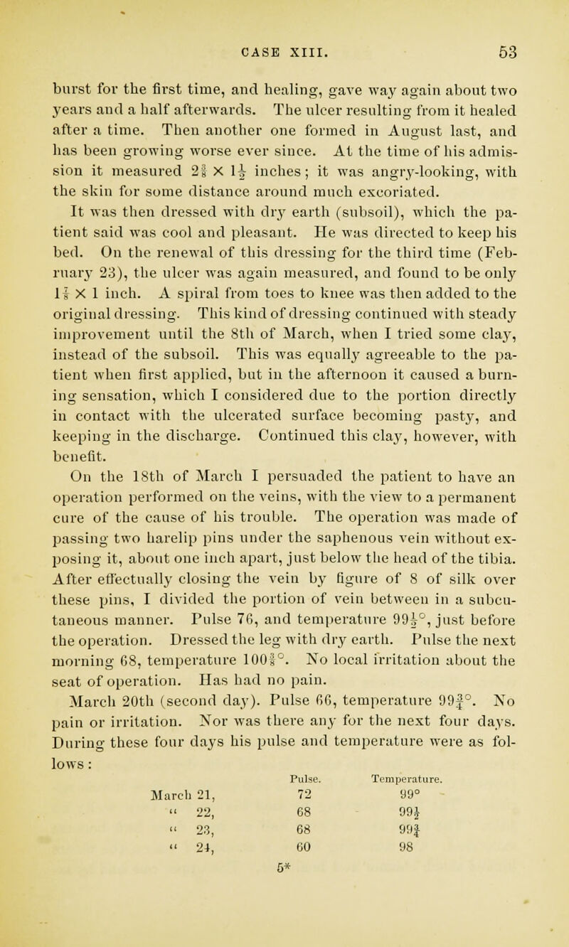 burst for the fh-st time, and healing, gave way again about two years and a half afterwards. The ulcer resulting from it healed after a time. Then another one formed in August last, and has been growing worse ever since. At the time of his admis- sion it measured 21 X 1^ inches; it was angry-looking, with the skin for some distance around much excoriated. It was then dressed with dry earth (subsoil), which the pa- tient said was cool and pleasant. He was directed to keep his bed. On the renewal of this dressing for the third time (Feb- ruary 23), the ulcer was again measured, and found to be only liXl inch. A spiral from toes to knee was then added to the original dressing. This kind of dressing continued with steady improvement until the 8th of March, when I tried some clay, instead of the subsoil. This was equally agreeable to the pa- tient when first applied, but in the afternoon it caused a burn- ing sensation, which I considered due to the portion directly in contact with the ulcerated surface becoming pasty, and keeping in the discharge. Continued this clay, however, with benefit. On the 18th of March I persuaded the patient to have an operation performed on the veins, with the view to a permanent cure of the cause of his trouble. The operation was made of passing two harelip pins under the saphenous vein without ex- posing it, about one inch apart, just below the head of the tibia. After effectually closing the vein by figure of 8 of silk over these pins, I divided the portion of vein between in a subcu- taneous manner. Pulse 76, and temperature 99i°, just before the operation. Dressed the leg with dry earth. Pulse the next morning 68, temperature 1001°. No local irritation about the seat of operation. Has had no pain. March 20th (second day). Pulse 66, temperature 99J°. No pain or irritation. Nor was there any for the next four days. During these four days his pulse and temperature were as fol- lows : Pulse. Temperature. Marcli 21, 72 99°  22, 68 99J  23, 68 99J  24, 60 98