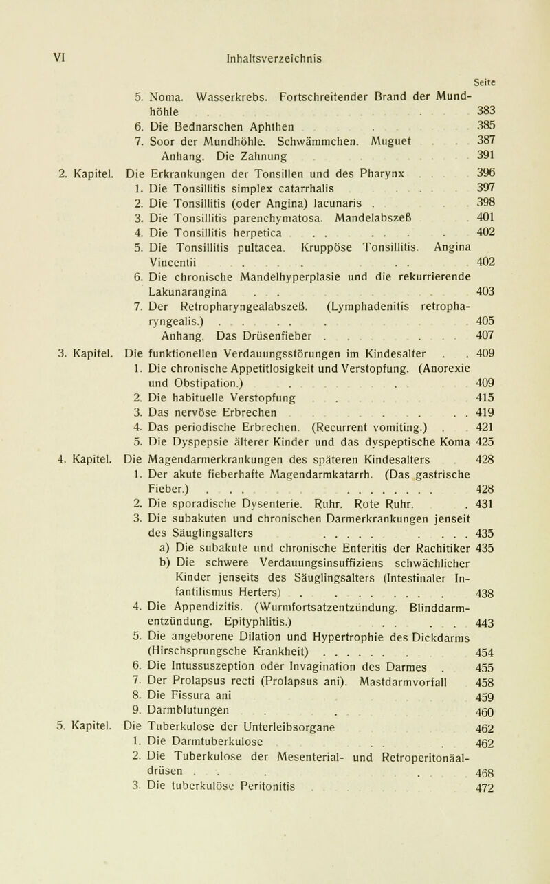 Seite 5. Noma. Wasserkrebs. Fortschreitender Brand der Mund- höhle . 383 6. Die Bednarschen Aphthen . 385 7. Soor der Mundhöhle. Schwämmchen. Muguet 387 Anhang. Die Zahnung ... 391 2. Kapitel. Die Erkrankungen der Tonsillen und des Pharynx 396 1. Die Tonsillitis Simplex catarrhalis .... 397 2. Die Tonsillitis (oder Angina) lacunaris . 398 3. Die Tonsillitis parenchymatosa. Mandelabszeß 401 4. Die Tonsillitis herpetica . . ... . 402 5. Die Tonsillitis pultacea. Kruppöse Tonsillitis. Angina Vincentii ... . . 402 6. Die chronische Mandelhyperpiasie und die rekurrierende Lakunarangina . . . 403 7. Der Retropharyngealabszeß. (Lymphadenitis retropha- ryngealis.) . . . . . 405 Anhang. Das Drüsenfieber . . , ... 407 3. Kapitel. Die funktionellen Verdauungsstörungen im Kindesalter . . 409 1. Die chronische Appetitlosigkeit und Verstopfung. (Anorexie und Obstipation.) . . 409 2. Die habituelle Verstopfung . 415 3. Das nervöse Erbrechen . . . . . 419 4. Das periodische Erbrechen. (Recurrent vomiting.) 421 5. Die Dyspepsie älterer Kinder und das dyspeptische Koma 425 4. Kapitel. Die Magendarmerkrankungen des späteren Kindesalters 428 1. Der akute fieberhafte Magendarmkatarrh. (Das gastrische Fieber.) ... 428 2. Die sporadische Dysenterie. Ruhr. Rote Ruhr. . 431 3. Die subakuten und chronischen Darmerkrankungen jenseit des Säuglingsalters . ... 435 a) Die subakute und chronische Enteritis der Rachitiker 435 b) Die schwere Verdauungsinsuffiziens schwächlicher Kinder jenseits des Säuglingsalters (Intestinaler In- fantilismus Herters) . 4. Die Appendizitis. (Wurmfortsatzentzündung. Blinddarm- entzündung. Epityphlitis.) . . 5. Die angeborene Dilation und Hypertrophie des Dickdarms (Hirschsprungsche Krankheit) 6. Die Intussuszeption oder Invagination des Darmes 7. Der Prolapsus recti (Prolapsus ani). Mastdarmvorfall 8. Die Fissura ani 9. Darmblutungen 5. Kapitel. Die Tuberkulose der Unterleibsorgane 1. Die Darmtuberkulose 2. Die Tuberkulose der Mesenterial- und Retroperitonäal- drüsen ... . 468 3. Die tuberkulöse Peritonitis 472 438 443 454 455 458 459 460 462 462