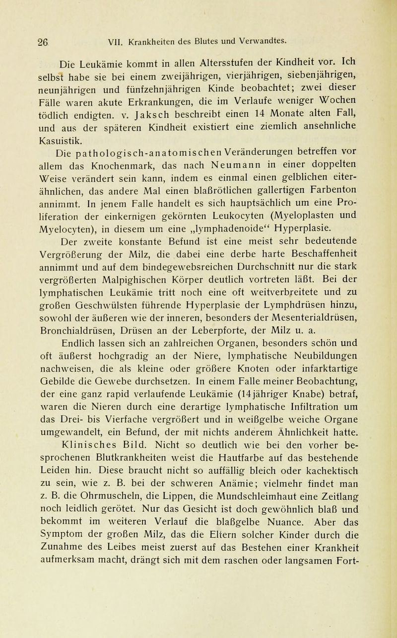 Die Leukämie kommt in allen Altersstufen der Kindheit vor. Ich selbst habe sie bei einem zweijährigen, vierjährigen, siebenjährigen, neunjährigen und fünfzehnjährigen Kinde beobachtet; zwei dieser Fälle waren akute Erkrankungen, die im Verlaufe weniger Wochen tödlich endigten, v. Jaksch beschreibt einen 14 Monate alten Fall, und aus der späteren Kindheit existiert eine ziemlich ansehnliche Kasuistik. Die pathologisch-anatomischen Veränderungen betreffen vor allem das Knochenmark, das nach Neumann in einer doppelten Weise verändert sein kann, indem es einmal einen gelblichen eiter- ähnlichen, das andere Mal einen blaßrötlichen gallertigen Farbenton annimmt. In jenem Falle handelt es sich hauptsächlich um eine Pro- liferation der einkernigen gekörnten Leukocyten (Myeloplasten und Myelocyten), in diesem um eine „lymphadenoide Hyperplasie. Der zweite konstante Befund ist eine meist sehr bedeutende Vergrößerung der Milz, die dabei eine derbe harte Beschaffenheit annimmt und auf dem bindegewebsreichen Durchschnitt nur die stark vergrößerten Malpighischen Körper deutlich vortreten läßt. Bei der lymphatischen Leukämie tritt noch eine oft weitverbreitete und zu großen Geschwülsten führende Hyperplasie der Lymphdrüsen hinzu, sowohl der äußeren wie der inneren, besonders der Mesenterialdrüsen, Bronchialdrüsen, Drüsen an der Leberpforte, der Milz u. a. Endlich lassen sich an zahlreichen Organen, besonders schön und oft äußerst hochgradig an der Niere, lymphatische Neubildungen nachweisen, die als kleine oder größere Knoten oder infarktartige Gebilde die Gewebe durchsetzen. In einem Falle meiner Beobachtung, der eine ganz rapid verlaufende Leukämie (Hjähriger Knabe) betraf, waren die Nieren durch eine derartige lymphatische Infiltration um das Drei- bis Vierfache vergrößert und in weißgelbe weiche Organe umgewandelt, ein Befund, der mit nichts anderem Ähnlichkeit hatte. Klinisches Bild. Nicht so deutlich wie bei den vorher be- sprochenen Blutkrankheiten weist die Hautfarbe auf das bestehende Leiden hin. Diese braucht nicht so auffällig bleich oder kachektisch zu sein, wie z. B. bei der schweren Anämie; vielmehr findet man z. B. die Ohrmuscheln, die Lippen, die Mundschleimhaut eine Zeitlang noch leidlich gerötet. Nur das Gesicht ist doch gewöhnlich blaß und bekommt im weiteren Verlauf die blaßgelbe Nuance. Aber das Symptom der großen Milz, das die Eltern solcher Kinder durch die Zunahme des Leibes meist zuerst auf das Bestehen einer Krankheit aufmerksam macht, drängt sich mit dem raschen oder langsamen Fort-