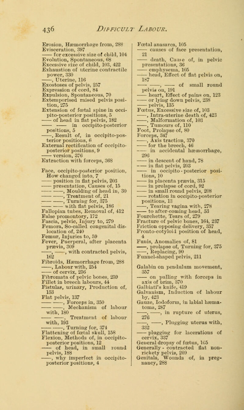 Erosion, Haemorrhage from, 288 Evisceration, 397 for excessive size of child, 104 Evolution, Spontaneous, 68 Excessive size of child, 103, 422 Exhaustion of uterine contractile power, 330 , Uterine, 116 Exostoses of pelvis, 257 Expression of cord, 84 Expulsion, Spontaneous, 70 Extemporised, raised pelvis posi- tion, 275 Extension of fcetal spine in occi- pito-posterior positions, 5 of head in flat pelvis, 182 in occipito-posterior positions, 5 , Eesult of, in occipito-pos- terior positions, 6 External rectification of occipito- posterior positions, 9 version, 376 Extraction with forceps, 368 Face, occipito-posterior position, How changed into, 7 position in flat pelvis, 203 ■ presentation, Causes of, 15 , Moulding of head in. 30 , Treatment of, 21 , Turning for, 375 ■ with flat pelvis, 186 Fallopian tubes, Eemoval of, 412 False promontory, 172 Fascia, pelvic, Injury to, 279 Femora, So-called congenital dis- location of, 210 Femur, Injuries to, 59 Fever, Puerperal, after placenta praevia, 309 , , with contracted pelvis, 162 Fibroids, Haemorrhage from, 288 , Labour with, 254 of cervix, 256 Fibromata of pelvic bones, 259 Fillet in breech labours, 44 Fistulas, urinary, Production of, 153 Flat pelvis, 137 , Forceps in, 350 , Mechanism of labour with, 180 . Treatment of labour with, 193 , Turning for, 374 Flattening of fcetal skull, 158 Flexion, Methods of, in occipito- posterior positions, 12 of head, in small round pelvis, 188 , why imperfect in occipito- posterior positions, 4 Fcetal anasarca, 105 causes of face presentation, 21 death, Cause of, in pelvic presentations, 36 emphysema, 105 head, Efleet of flat pelvis on, 187 ■—- , of small round pelvis on, 191 heart, Effect of pains on, 123 or lying down pelvis, 238 pelvis, 135 Foetus, Excessive size of, 103 , Intra-uterine death of, 423 , Malformation of, 103 , Tumours of, 110 Foot, Prolapse of, 80 Forceps, 347 ■ , Axis traction, 370 for the breech, 46 in accidental haemorrhage, 296 in descent of hand, 78 in flat pelvis, 203 in occipito-posterior posi- tions, 10 in placenta praevia, 315 ■ in prolapse of cord, 92 in small round pelvis, 208 rotation in occipito-posterior positions, 13 , Tearing vagina with, 278 to after-corning head, 53 Fourchette, Tears of, 279 Fracture of pelvic bones, 164, 237 Friction opposing delivery, 357 Fronto-cotyloid position of head, 4 Funis, Anomalies of, 81 , prolapse of, Turning for, 375 , Eeplacing, 90 Funnel-shaped pelvis, 211 Galabin on pendulum movement, 357 on pulling with forceps in axis of brim, 370 Galbiati's knife, 419 Galvanism, Induction of labour by, 423 Gauze, Iodoform, in labial haema- toma, 287 , , in rupture of uterus, 276 , , Plugging uterus with, 332 plugging for lacerations of cervix, 337 General dropsy of foetus, 105 Generally - contracted flat non- rickety pelvis, 209 Genitals, Wounds of, in preg- nancy, 288