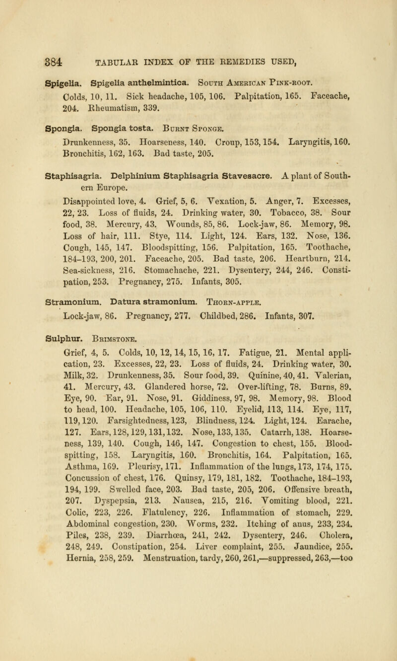 Spigelia. Spigelia anthelmintica. South American Pink-root. Colds, 10, 11. Sick headache, 105, 106. Palpitation, 165. Faceache, 204. Kheumatism, 339. Spongia. Spongia tosta. Burnt Sponge. Drunkenness, 35. Hoarseness, 140. Croup, 153,154. Laryngitis, 160. Bronchitis, 162, 163. Bad taste, 205. Staphisagria. Delphinium Staphisagria Stavesacre. A plant of South- ern Europe. Disappointed love, 4. Grief, 5, 6. Yexation, 5. Anger, 7. Excesses, 22, 23. Loss of fluids, 24. Drinking water, 30. Tobacco, 38. Sour food, 38. Mercury, 43. Wounds, 85, 86. Lock-jaw, 86. Memory, 98. Loss of hair, 111. Stye, 114. Light, 124. Ears, 132. Nose, 136. Cough, 145, 147. Bloodspitting, 156. Palpitation, 165. Toothache, 184-193, 200, 201. Faceache, 205. Bad taste, 206. Heartburn, 214. Sea-sickness, 216. Stomachache, 221. Dysentery, 244, 246. Consti- pation, 253. Pregnancy, 275. Infants, 305. Stramonium. Datura stramonium. Thorn-apple. Lock-jaw, 86. Pregnancy, 277. Childbed, 286. Infants, 307. Sulphur. Brimstone. Grief, 4, 5. Colds, 10,12,14,15,16, 17. Fatigue, 21. Mental appli- cation, 23. Excesses, 22, 23. Loss of fluids, 24. Drinking water, 30. Milk, 32. Drunkenness, 35. Sour food, 39. Quinine, 40, 41. Yalerian, 41. Mercury, 43. Glandered horse, 72. Over-lifting, 78. Burns, 89. Eye, 90. Ear, 91. Nose, 91. Giddiness, 97, 98. Memory, 98. Blood to head, 100. Headache, 105, 106, 110. Eyelid, 113, 114. Eye, 117, 119,120. Farsightedness, 123, Blindness, 124. Light, 124. Earache, 127. Ears, 128,129,131,132. Nose, 133,135. Catarrh, 138. Hoarse- ness, 139, 140. Cough, 146, 147. Congestion to chest, 155. Blood- spitting, 158. Laryngitis, 160. Bronchitis, 164. Palpitation, 165. Asthma, 169. Pleurisy, 171. Inflammation of the lungs, 173, 174, 175. Concussion of chest, 176. Quinsy, 179, 181, 182. Toothache, 184-193, 194, 199. Swelled face, 203. Bad taste, 205, 206. Offensive breath, 207. Dyspepsia, 213. Nausea, 215, 216. Vomiting blood, 221. Colic, 223, 226. Flatulency, 226. Inflammation of stomach, 229. Abdominal congestion, 230. Worms, 232. Itching of anas, 233, 234. Piles, 238, 239. Diarrhoea, 241, 242. Dysentery, 246. Cholera, 248, 249. Constipation, 254. Liver complaint, 255. Jaundice, 255. Hernia, 258, 259. Menstruation, tardy, 260, 261,—suppressed, 263,—too