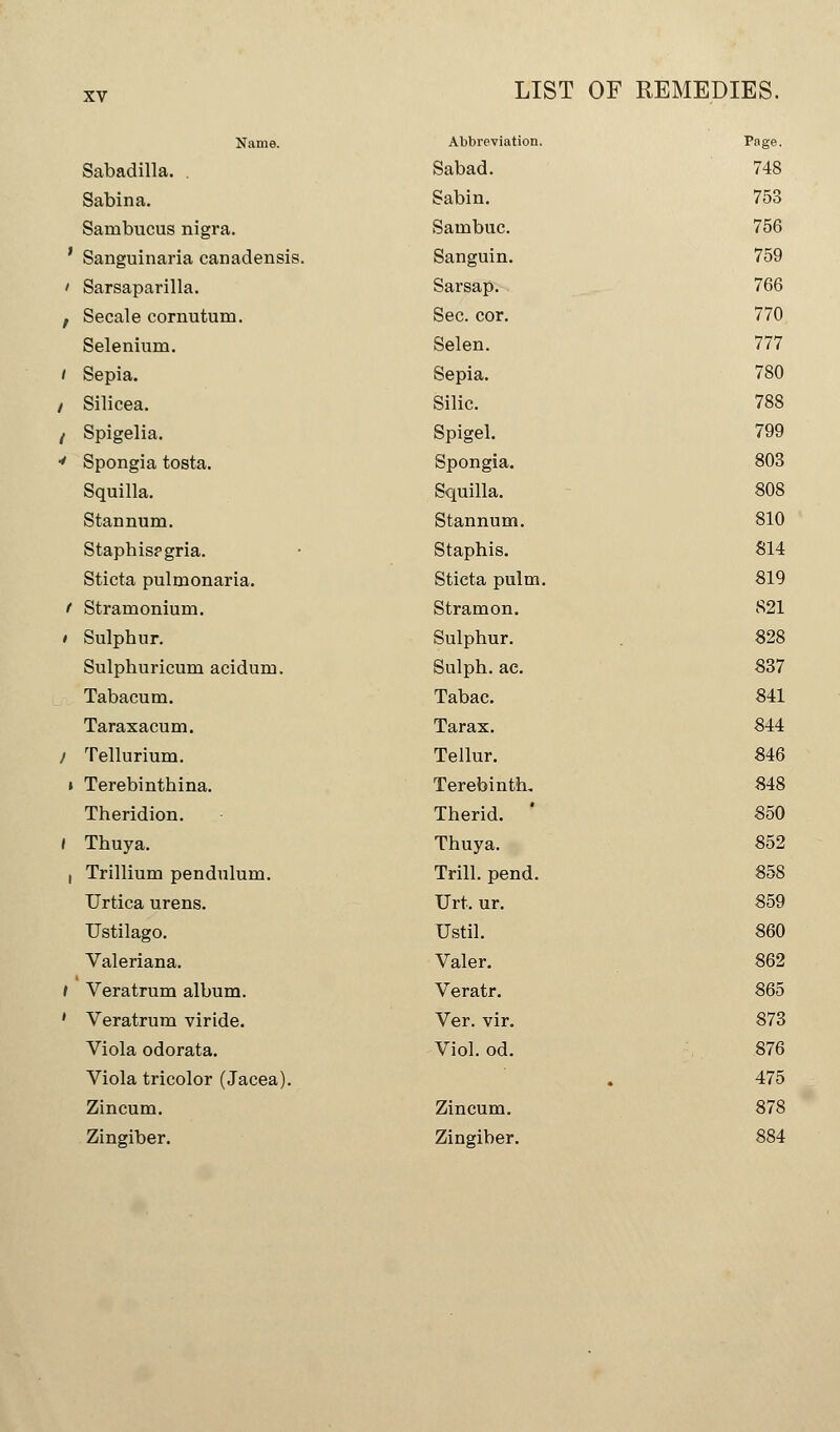 Name. Abbreviation. Sabadilla. . Sabad. Sabina. Sabin. Sambucus nigra. Sambuc. Sanguinaria canadensis. Sanguin. Sarsaparilla. Sarsap. Secale cornutum. Sec. cor. Selenium. Selen. Sepia. Sepia. Silicea. Silic. Spigelia. Spigel. Spongia tosta. Spongia. Squilla. Squilla. Stan num. Stannum. Staphis?gria. Staphis. Sticta pulmonaria. Sticta pulm Stramonium. Stramon. Sulphur. Sulphur. Sulphuricum acidum. Sulph. ac. Tabacum. Tabac. Taraxacum. Tarax. Tellurium. Tellur. Terebinthina. Terebinth. Theridion. Therid. Thuya. Thuya. Trillium pendulum. Trill, pend. Urtica urens. Urt. ur. Ustilago. Ustil. Valeriana. Valer. Veratrum album. Veratr. Veratrum viride. Ver. vir. Viola odorata. Viol. od. Viola tricolor (Jacea). Zincum. Zincum. Zingiber. Zingiber. Page. 748 753 756 759 766 770 777 780 788 799 803 808 810 814 819 821 828 837 841 844 846 848 850 852 858 859 860 862 865 873 876 475 878