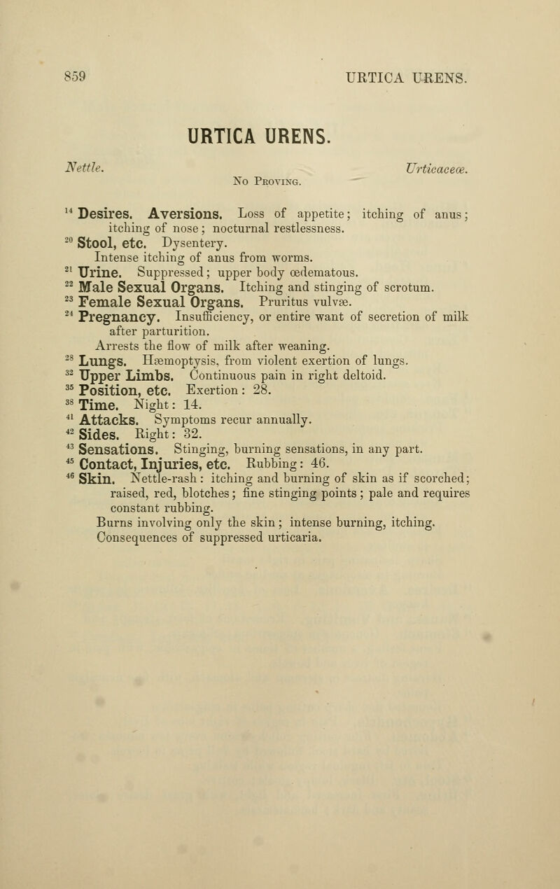 URTICA URENS. Nettle. Urticaceoe. No Proving. 14 Desires. Aversions. Loss of appetite; itching of anus; itching of nose ; nocturnal restlessness. 20 Stool, etc. Dysentery. Intense itching of anus from worms. 21 Urine. Suppressed; upper body oedematous. 22 Male Sexual Organs. Itching and stinging of scrotum. 23 Female Sexual Organs. Pruritus vulvae. 21 Pregnancy. Insufficiency, or entire want of secretion of milk after parturition. Arrests the flow of milk after weaning. 28 Lungs. Haemoptysis, from violent exertion of lungs. 32 Upper Limbs. Continuous pain in right deltoid. 35 Position, etc. Exertion : 28. 38 Time. Night: 14. 41 Attacks. Symptoms recur annually. 42 Sides. m Right: 32. 43 Sensations. Stinging, burning sensations, in any part. 45 Contact, Injuries, etc. Rubbing: 46. 46 Skin. Nettle-rash : itching and burning of skin as if scorched; raised, red, blotches; fine stinging points; pale and requires constant rubbing. Burns involving only the skin; intense burning, itching. Consequences of suppressed urticaria.