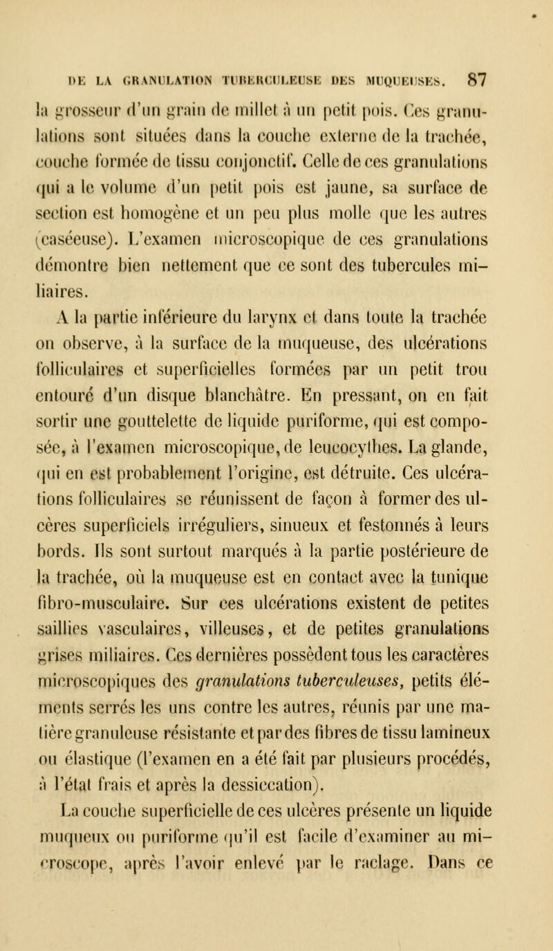 la grosseur «l'un grain de mille! à un petit pois. Ces granu- lations sont situées dans la eouelie externe de la trachée, couche tonnée de tissu eonjonctif. Celle de ces granulations qui a le volume d'un petit pois est jaune, sa surface de section est homogène et un peu plus molle que les autres ^caséeuse). L'examen microscopique de ces granulations démontre bien nettement que ce sont des tubercules mi- liaires. A la partie inférieure du larynx et dans toute la trachée on observe, à la surface de la muqueuse, des ulcérations folliculaires et superficielles formées par un petit trou entouré d'un disque blanchâtre. En pressant, on en fait sortir une gouttelette de liquide puriforme, qui est compo- sée, à l'examen microscopique, de leucocythes. La glande, qui en est probablement l'origine, est détruite. Ces ulcéra- tions folliculaires se réunissent de façon à former des ul- cères superficiels irréguliers, sinueux et festonnés à leurs bords. Ils sont surtout marqués à la partie postérieure de la trachée, où la muqueuse est en contact avec la tunique fibro-musculaire. Sur ces ulcérations existent de petites saillies vasculaires, villeuses, et de petites granulations grises miliaircs. Ces dernières possèdent tous les caractères microscopiques des granulations tuberculeuses, petits élé- ments serrés les uns contre les autres, réunis par une ma- tière granuleuse résistante et par des fibres de tissu lamineux ou élastique (l'examen en a été fait par plusieurs procédés, à l'état frais et après la dessiccation). La couche superficielle de ces ulcères présente un liquide muqueux ou puriforme qu'il est facile d'examiner au mi- croscope, après l'avoir enlevé par le raclage. Dans ce