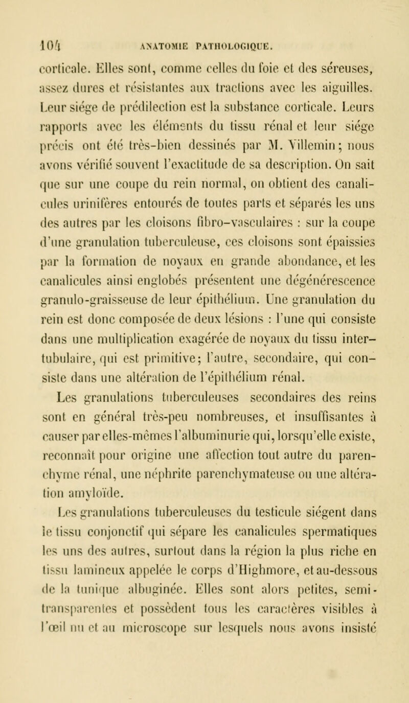 corticale. Elles sont, comme celles du foie et des séreuses, assez dures et résistantes aux tractions avec les aiguilles, leur siège de prédilection est la substance corticale. Leurs rapports avec les éléments du tissu rénal et leur siège précis ont étc très-bien dessinés par M. Yillemin; nous avons vérifié souvent l'exactitude de sa description. On sait que sur une coupe du rein normal, on obtient des canali- cules urinifères entourés de toutes parts et séparés les uns des autres par les cloisons fibro-vaseulaires : sur la coupe d'une granulation tuberculeuse, ces cloisons sont épaissies par la formation de noyaux en grande abondance, et les eanalieules ainsi englobés présentent une dégénérescence granulo-graisseuse de leur épithélium. Une granulation du rein est donc composée de deux lésions : l'une qui consiste dans une multiplication exagérée de noyaux du tissu inter— tabulaire, qui est primitive; l'antre, secondaire, qui con- siste dans une altération de l'épithélium rénal. Les granulations tuberculeuses secondaires des reins sont en général très-peu nombreuses, et insuffisantes à causer par elles-mêmes l'albuminurie qui, lorsqu'elle existe, reconnaît pour origine une affection tout autre du paren- chyme rénal, une néphrite parenchymateuse ou une altéra- tion amyloïde. Les granulations tuberculeuses du testicule siègent dans le tissu conjonctif qui sépare les eanalieules spermatiques les uns des autres, surtout dans la région la plus riche en li>su lamineux appelée le corps d'Highmore, et au-dessous de la tunique albuginée. Iilles sont alors petites, semi- lransp;irentes et possèdent tous les caractères visibles à l'œil nu et au microscope sur lesquels nous avons insisté