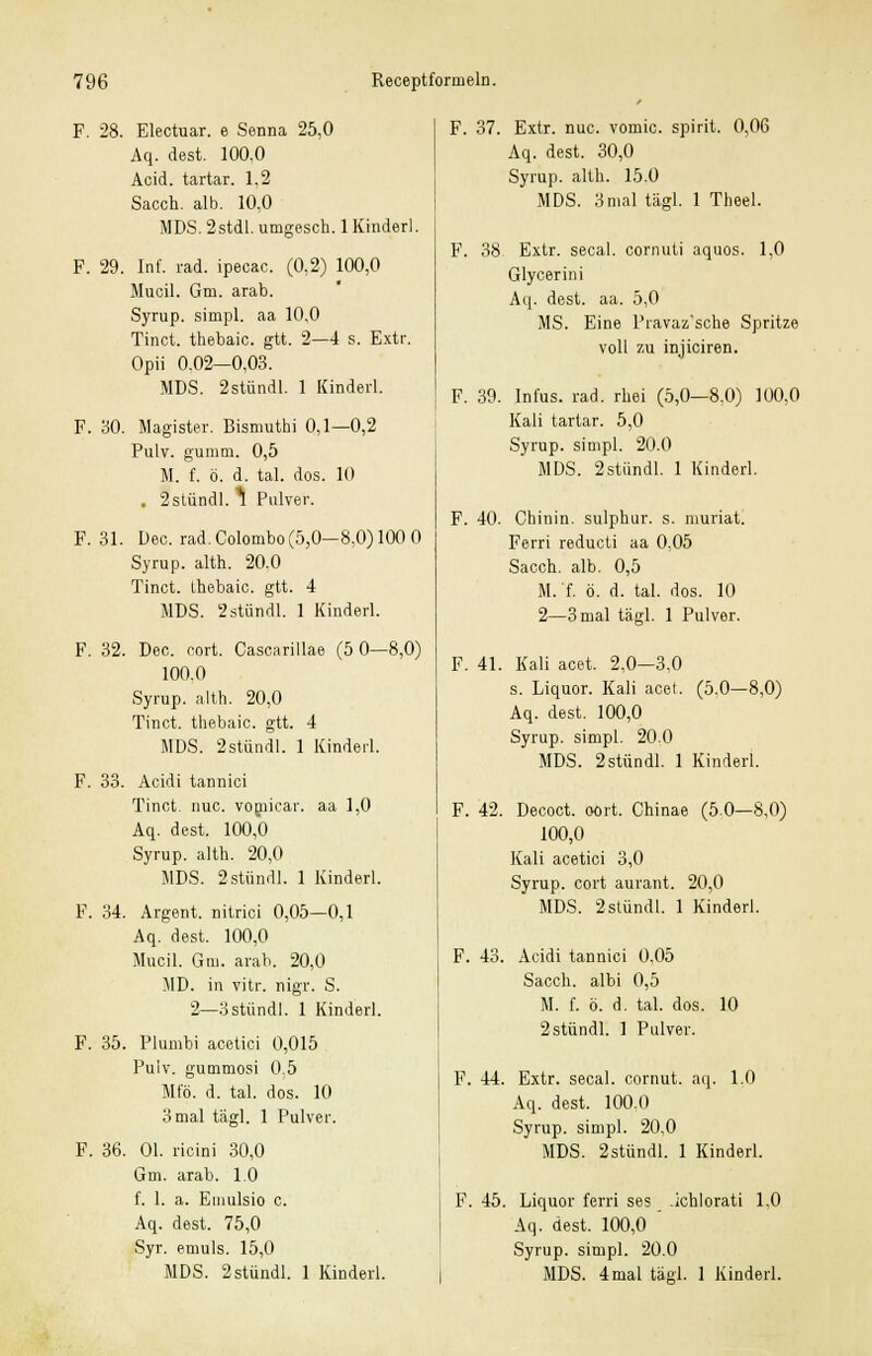 F. 28. Electuar. e Senna 25,0 Aq. dest. 100.0 Acid. tartar. 1,2 Sacch. alb. 10,0 MDS. 2stdl. umgesch. 1 Kinderl. F. 29. Inf. rad. ipecac. (0,2) 100,0 Muoil. Gm. arab. Syrup. simpl. aa 10,0 Tinct. thebaic. gtt. 2—4 s. Extr. Opii 0.02—0,03. MDS. 2stiindl. 1 Kinderl. F. 30. Magister. Bismuthi 0,1—0,2 Pulv. gumtn. 0,5 M. f. ö. d. tal. dos. 10 . 2stündl. \ Pulver. F. 31. Dec. rad. Colombo(5,0-8.0) 100 0 Syrup. alth. 20.0 Tinct. thebaic. gtt. 4 MDS. 2stündl. 1 Kinderl. F. 32. Dec. cort. Cascarillae (5 0—8,0) 100.0 Syrup. alth. 20,0 Tinct. thebaic. gtt. 4 MDS. 2stündl. 1 Kinderl. F. 33. Acidi tannici Tinct. nuc. vomicar. aa 1,0 Aq. dest. 100,0 Syrup. alth. 20,0 MDS. 2stündl. 1 Kinderl. F. 34. Argent. nitrici 0,05—0,1 Aq. dest. 100,0 Mucil. Gm. arab. 20,0 MD. in vitr. nigr. S. 2—3 stund!. 1 Kinderl. F. 35. Flumbi acetici 0,015 Pulv. gummosi 0.5 Mfö. d. tal. dos. 10 3mal tägl. 1 Pulver. F. 36. Ol. ricini 30,0 Gm. arab. 10 f. 1. a. Emulsio c. Aq. dest. 75,0 Syr. emuls. 15,0 MDS. 2stündl. 1 Kinderl. F. 37. Extr. nuc. vomic. spirit. 0,06 Aq. dest. 30,0 Syrup. alth. 15.0 MDS. 3mal tägl. 1 Theel. F. 38. Extr. secal. cornuti aquos. 1,0 Glycerini Aq. dest. aa. 5,0 MS. Eine Pravaz'sche Spritze voll zu injiciren. F. 39. Infus, rad. rhei (5,0—8,0) 100,0 Kali tartar. 5,0 Syrup. simpl. 20.0 MDS. 2stündl. 1 Kinderl. F. 40. Chinin, sulphur. s. niuriat. Ferri reducti aa 0,05 Sacch. alb. 0,5 M.'f. ö. d. tal. dos. 10 2—3 mal tägl. 1 Pulver. F. 41. Kali acet. 2,0—3.0 s. Liquor. Kali acet. (5.0—8,0) Aq. dest. 100,0 Syrup. simpl. 20.0 MDS. 2stündl. 1 Kinderl. F. 42. Decoct. oort. Chinae (50—8,0) 100,0 Kali acetici 3,0 Syrup. cort aurant. 20,0 MDS. 2stündl. 1 Kinderl. F. 43. Acidi tannici 0.05 Sacch. albi 0,5 M. f. ö. d. tal. dos. 10 2stündl. 1 Pulver. F. 44. Extr. secal. cornut. aq. 1.0 Aq. dest. 100.0 Syrup. simpl. 20,0 MDS. 2stündl. 1 Kinderl. F. 45. Liquor ferri ses .ichlorati 1.0 Aq. dest. 100,0 Syrup. simpl. 20.0 MDS. 4 mal tägl. 1 Kinderl.