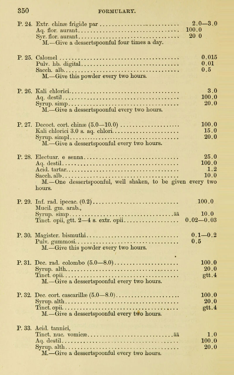 P. 24. Estr. china; frigide par 2.0—3.0 Aq. flor. aurant 100.0 Syr. flor. aurant 20 0 M.—Give a dessertspoonful four times a day. P. 25. Calomel 0.015 Pulv. hb. digital 0.01 Sacch. alb 0.5 M.—Give this powder every two hours. P. 26. Kali chlorici 3.0 Aq. destil 100.0 Syrup, simp 20.0 M.—Give a dessertspoonful every two hours. P. 27. Decoct, cort. chinse (5.0—10.0) 100.0 Kali chlorici 3.0 s. aq. chlori 15.0 Syrup, simpl 20.0 M.—Give a dessertspoonful every two hours. P. 28. Electuar. e senna 25.0 Aq. destil 100.0 Acid, tartar 1.2 Sacch.alb 10.0 M.—One dessertspoonful, well shaken, to be given every two hours. P. 29. Inf. rad. ipecac. (0.2) 100.0 Mucil. gm. arab., Syrup, simp aa, 10.0 Tinct. opii, gtt. 2—4 s. extr. opii 0.02—0. 03 P. 30. Magister. bismuthi 0.1—0.2 Pulv. gummosi 0.5 M.—Give this powder every two hours. P. 31. Dec. rad. Colombo (5.0—8.0) 100.0 Syrup, alth 20.0 Tinct. opii gtt. 4 M.—Give a dessertspoonful every two hours. P. 32. Dec. cort. cascarfflse (5.0—8.0) 100.0 Syrup, alth 20.0 Tinct. opii gtt.4 M.—Give a dessertspoonful every two hours. P. 33. Acid, tannici, Tinct. nuc. vomicae aa 1.0 Aq. destil 100.0 Syrup, alth 20.0 M.—Give a dessertspoonful every two hours.