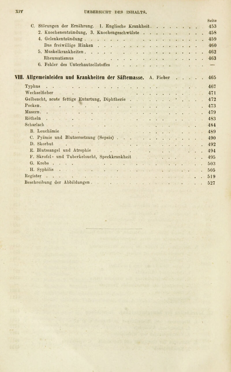 Seite C. Störungen der Ernährung. 1. Englische Krankheit 453 2. Knochenentzündung, 3. Knochengeschwülste ... 458 4. Gelenkentzündung 459 Das freiwillige Hinken ... 460 5. Muskelkrankheiten . 462 Rheumatismus . ......... 463 6. Fehler des Unterhautzellstoffes . . — VIII. Allgemeinleiden nnd Krankheiten der Säfteinasse. a. Fieber 465 Typhus .... . . 467 Wechselfieber . ,471 Gelbsucht, acute fettige Entartung, Diphtherie . ....*.„., 472 Pocken. . . . . . 473 Masern. . . ........ 479 Röthein . . . ... 483 Scharlach . . . , . 484 15. Leuchämie . . . 489 C. Pyämie und Blutzersetzung (Sepsis) 490 D. Skorbut . 492 E. Blutmangel und Atrophie . . . . . . ... 494 F. Skrofel- und Tuberkelsucht, Speckkrankheit ... . . 495 G. Krebs .... 503 H. Syphilis . . . . ... 505 Register , . 519 Beschreibung der Abbildungen . . .... 527