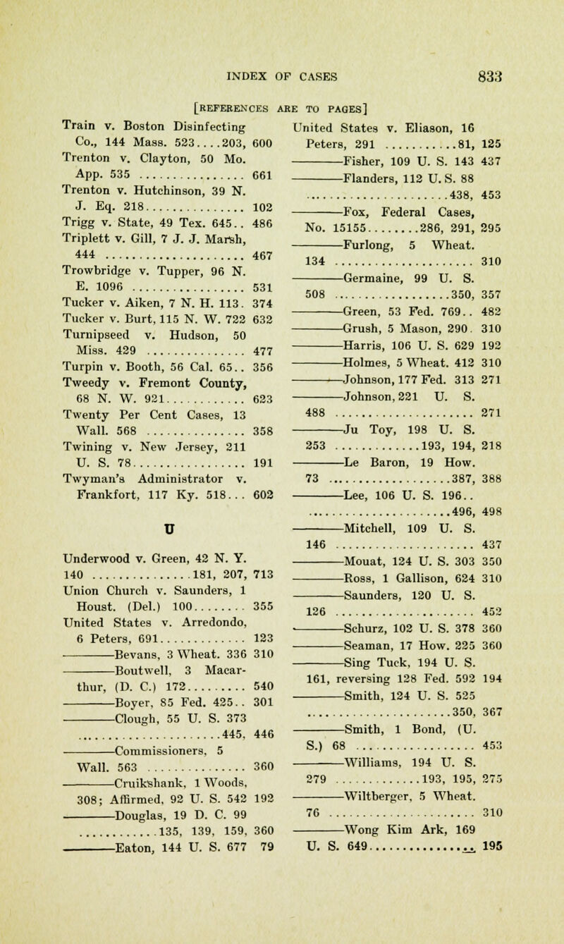 [references Train v. Boston Disinfecting Co., 144 Mass. 523 203, 600 Trenton v. Clayton, 50 Mo. App. 535 661 Trenton v. Hutchinson, 39 N. J. Eq. 218 102 Trigg v. State, 49 Tex. 645.. 486 Triplett v. Gill, 7 J. J. Marsh, 444 467 Trowbridge v. Tupper, 96 N. E. 1096 531 Tucker v. Aiken, 7 N. H. 113. 374 Tucker v. Burt, 115 N. W. 722 632 Turnipseed v. Hudson, 50 Miss. 429 477 Turpin v. Booth, 56 Cal. 65.. 356 Tweedy v. Fremont County, 68 N. W. 921 623 Twenty Per Cent Cases, 13 Wall. 568 358 Twining v. New Jersey, 211 U. S. 78 191 Twyman's Administrator v. Frankfort, 117 Ky. 518... 602 u Underwood v. Green, 42 N. Y. 140 181, 207, 713 Union Church v. Saunders, 1 Houst. (Del.) 100 355 United States v. Arredondo, 6 Peters, 691 123 Bevans, 3 Wheat. 336 310 Boutwell, 3 Macar- thur, (D. C.) 172 540 Boyer, 85 Fed. 425.. 301 Clough, 55 U. S. 373 445. 446 Commissioners, 5 Wall. 563 360 Cruikshank, 1 Woods, 308; Affirmed, 92 U. S. 542 192 Douglas, 19 D. C. 99 135, 139, 159, 360 Eaton, 144 U. S. 677 79 ARE TO PAGES] United States v. Eliason, 16 Peters, 291 81, 125 Fisher, 109 U. S. 143 437 Flanders, 112 U.S. 88 438, 453 ■—Fox, Federal Cases, No. 15155 286, 291, 295 Furlong, 5 Wheat. 134 310 Germaine, 99 U. S. 508 350, 357 ——Green, 53 Fed. 769.. 482 Grush, 5 Mason, 290. 310 Harris, 106 U. S. 629 192 Holmes, 5 Wheat. 412 310 —Johnson, 177 Fed. 313 271 Johnson, 221 U. S. 488 271 Ju Toy, 198 U. S. 253 193, 194, 218 Le Baron, 19 How. 73 387, 388 Lee, 106 U. S. 196.. 496, 498 Mitchell, 109 U. S. 146 437 Mouat, 124 U. S. 303 350 Ross, 1 Gallison, 624 310 Saunders, 120 U. S. 126 452 ■ —Schurz, 102 U. S. 378 360 Seaman, 17 How. 225 360 Sing Tuck, 194 U. S. 161, reversing 128 Fed. 592 194 Smith, 124 U. S. 525 350, 367 Smith, 1 Bond, (U. S.) 68 453 Williams, 194 U. S. 279 193, 195, 275 Wiltberger, 5 Wheat. 76 310 Wong Kim Ark, 169 U. S. 649 195