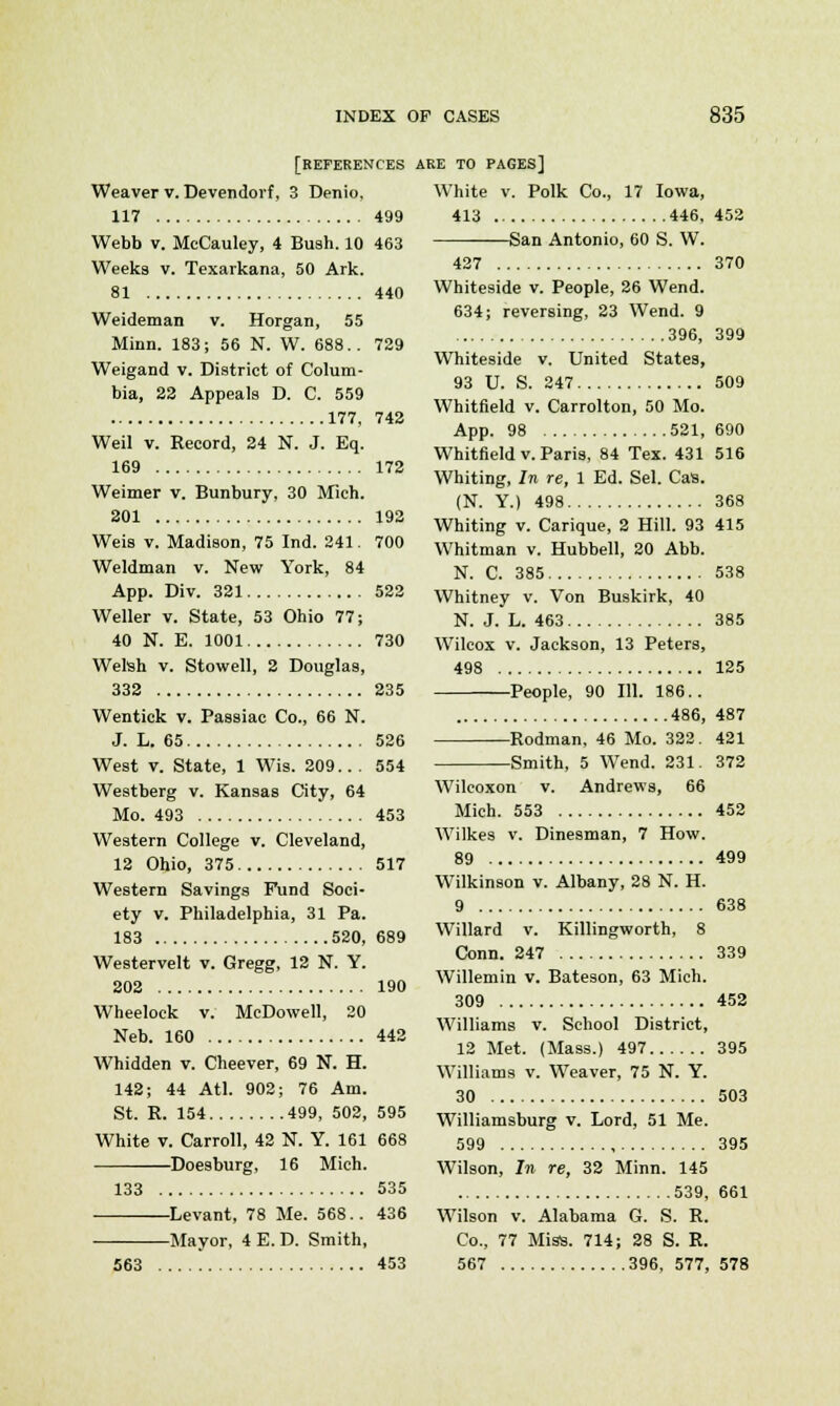 [REFERENCES Weaver v. Devendorf, 3 Denio, 117 499 Webb v. McCauley, 4 Bush. 10 463 Weeks v. Texarkana, 50 Ark. 81 440 Weideman v. Horgan, 55 Minn. 183; 56 N. W. 688.. 729 Weigand v. District of Colum- bia, 22 Appeals D. C. 559 177, 742 Weil v. Record, 24 N. J. Eq. 169 172 Weimer v. Bunbury, 30 Mich. 201 192 Weis v. Madison, 75 Ind. 241. 700 Weldman v. New York, 84 App. Div. 321 522 Weller v. State, 53 Ohio 77; 40 N. E. 1001 730 Welsh v. Stowell, 2 Douglas, 332 235 Wentick v. Passiac Co., 66 N. J. L. 65 526 West v. State, 1 Wis. 209.. . 554 Westberg v. Kansas City, 64 Mo. 493 453 Western College v. Cleveland, 12 Ohio, 375 517 Western Savings Fund Soci- ety v. Philadelphia, 31 Pa. 183 520, 689 Westervelt v. Gregg, 12 N. Y. 202 190 Wheelock v. McDowell, 20 Neb. 160 442 Whidden v. Cheever, 69 N. H. 142; 44 Atl. 902; 76 Am. St. E. 154 499, 502, 595 White v. Carroll, 42 N. Y. 161 668 Doesburg, 16 Mich. 133 535 Levant, 78 Me. 568.. 436 Mayor, 4E.D. Smith, 563 453 ARE TO PAGES] White v. Polk Co., 17 Iowa, 413 446, 452 —San Antonio, 60 S. W. 427 370 Whiteside v. People, 26 Wend. 634; reversing, 23 Wend. 9 396, 399 Whiteside v. United States, 93 U. S. 247 509 Whitfield v. Carrolton, 50 Mo. App. 98 521, 690 Whitfield v. Paris, 84 Tex. 431 516 Whiting, In re, 1 Ed. Sel. Cas. (N. Y.) 498 368 Whiting v. Carique, 2 Hill. 93 415 Whitman v. Hubbell, 20 Abb. N. C. 385 538 Whitney v. Von Buskirk, 40 N. J. L. 463 385 Wilcox v. Jackson, 13 Peters, 498 125 People, 90 111. 186.. 486, 487 Rodman, 46 Mo. 322. 421 Smith, 5 Wend. 231. 372 Wilcoxon v. Andrews, 66 Mich. 553 452 Wilkes v. Dinesman, 7 How. 89 499 Wilkinson v. Albany, 28 N. H. 9 638 Willard v. Killingworth, 8 Conn. 247 339 Willemin v. Bateson, 63 Mich. 309 452 Williams v. School District, 12 Met. (Mass.) 497 395 Williams v. Weaver, 75 N. Y. 30 503 Williamsburg v. Lord, 51 Me. 599 395 Wilson, In re, 32 Minn. 145 539, 661 Wilson v. Alabama G. S. R. Co., 77 Miss. 714; 28 S. R. 567 396, 577, 578