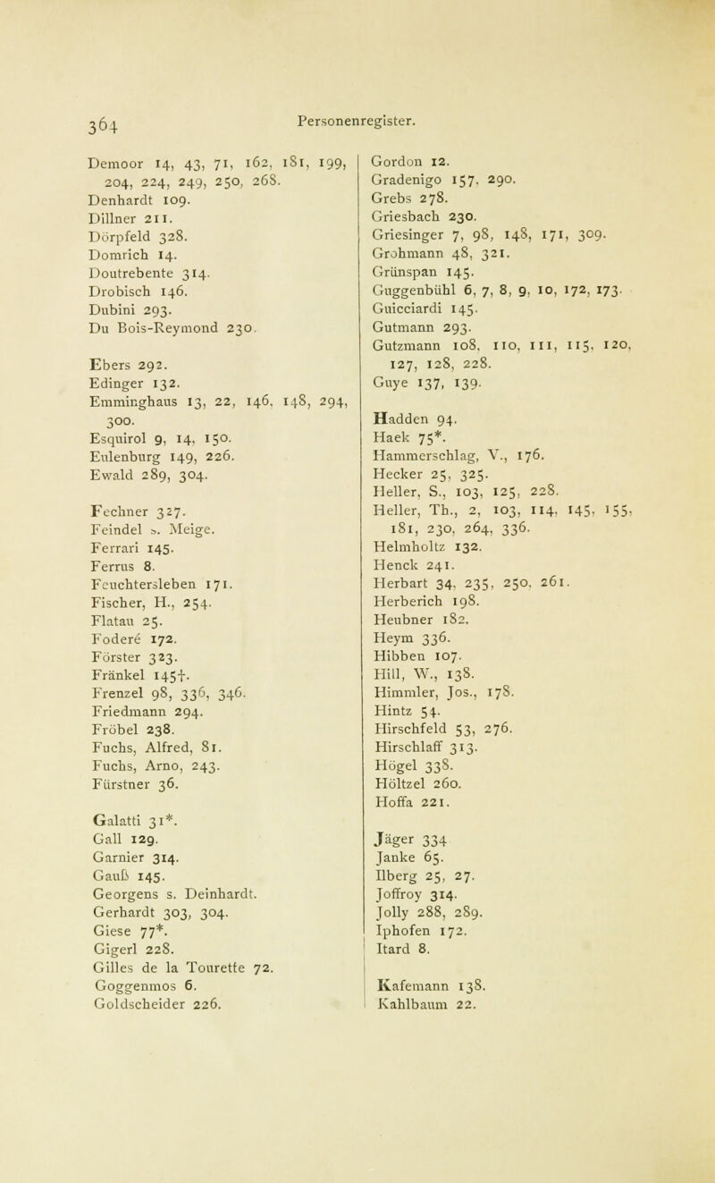 Demoor 14, 43, 71, 162, 1S1, 199, 204, 224, 249, 250, 26S. Denhardt 109. Dillner 211. Dörpfeld 32S. Domrich 14. Doutrebente 314. Drobisch 146. Dubini 293. Du Bois-Reymond 230. Ebers 292. Edinger 132. Emminghaus 13, 22, 300. Esquirol 9, 14, 150. Eulenburg 149, 226. Ewald 289, 304. Fechner 327. Feindel ». Meige. Ferrari 145. Ferrus 8. Fcuchtersleben 171. Fischer, H., 254. Flatau 25. F'odere 172. Förster 323. Fränkel 145+. Frenzel 98, 336, 346. Friedmann 294. Fröbel 238. Fuchs, Alfred, 81. Fuchs, Arno, 243. Fürstner 36. Galatti 31*. Gall 129. Garnier 314. Gauß 145. Georgens s. Deinhardt. Gerhardt 303, 304. Giese 77*. Gigerl 228. Gilles de la Tourette 72. Goggenmos 6. Goldscheider 226. 146. 148, 294, Gordon 12. Gradenigo 157. 290. Grebs 278. Griesbach 230. Griesinger 7, 9S, 148, 171, 309. Grohmann 48, 321. Grünspan 145. Guggenbühl 6, 7, 8, 9, 10, 172, 173. Guicciardi 145. Gutmann 293. Gutzmann 108. 110, III, 115, 120. 127, 128, 228. Guye 137, 139. Hadden 94. Haek 75*. Hammerschlag, V., 176. Hecker 25, 325. Heller, S., 103, 125, 22S. Heller, Th., 2, 103, 114. I45> 'S5> 181, 230. 264, 336. Helmholtz 132. Henck 241. Herbart 34. 235, 250. 261. Herberich 198. Heubner 1S2. Heym 336. Hibben 107. Hill, W., 13S. Himmler, Jos., 178. Hintz 54. Hirschfeld 53, 276. Hirschlaff 313. Högel 333. Höltzel 260. Hoffa 221. Jäger 334 Janke 65. Ilberg 25, 27. Joffroy 314. jolly 288, 2S9. Iphofen 172. Itard 8. Kafemann 138. Kahlbaum 22.