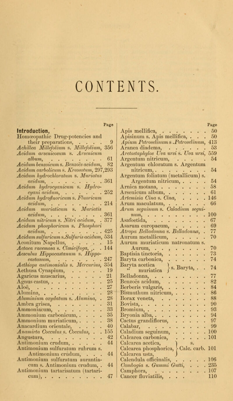 CONTENTS Page Introduction, Homoeopathic Drug-potencies and their preparations, .... 9 Achillea Millefolium s. Millefolium, 356 Acidum arsenicosum s. Arsenicum album, 61 Acidum benzoicum s. Benzoes acidum, 82 Acidum carbolicum s. Kreosotum, 297,293 Acidum hydrochloratum s. Muriatus acidum, ......... 361 Acidum hydrocyanicum s. Hydro- cyani acidum, 252 Acidum hydrofluoricum s. Fluoricum acidum, 214 Acidum muriaticum s. 3furiatis acidum, 361 Acidum nitricum s. Nitri acidum, . 377 Acidum phosphoricum s. Phosphori acidum, . . 425 Acidum sulfuricum s.Sulfuris acidum, 534 Aconitum Napellus, 15 Actaea racemosa s. Cimicifuga, ,. . 144 Aesculus Hippocastanum s. Hippo- castanum, 247 Aethiops antimonialis s. Mercurius, 354 Aethusa Cynapium, 19 Agaricus muscarius, 21 Agnus castus, 25 Aloe, 27 Alumina, 28 Aluminium oxydatum s. Alumina, . 28 Ambra grisea, 31 Ammoniacum, 33 Ammonium carbonicum, .... 35 Ammonium muriaticum, .... 38 Anacardium orientale, .... 40 Anamirta Cocculus s. Cocculus, . . 155 Angustura, 42 Antimonium crudum, 44 Antimonium sulfuratum rubrum s. Antimonium crudum, ... 44 Antimonium sulfuratum aurantia- cum s. Antimonium crudum, . 44 Antimonium tartarisatum (tartari- cum), 47 Page Apis mellifica, 50 Apisinum s. Apis mellifica, ... 50 Apium Petroselinum s .Petroselinum, 413 Aranea diadema, 53 Arctostaphylos Uva ursi s. Uva ursi, 559 Argentum nitricum, ... .54 Argentum chloratum s. Argentum nitricum, 54 Argentum foliatum (metallicum) s. Argentum nitricum, .... 54 Arnica motana, 58 Arsenicum album, 61 Artemisia Cina s. Cina, .... 146 Arum maculatum, 66 Arum seguinum s. Caladium segui- num, 100 Asafoetida, 67 Asarum europaeum, 69 Atropa Belladonna s. Belladonna, . 77 Aurum metallicum, 70 Aurum muriaticum natronatum s. Aurum, . . , 70 Baptisia tinctoria, 73 Baryta carbonica, 74 ^^rSica }*• BaO'ta,. . 74 Belladonna, 77 Benzoes acidum, 82 Berberis vulgaris, 84 Bismuthum nitricum, 86 Borax veneta, 88 Bovista, 90 Bromium, 93 Bryonia alba, 94 Cactus grandiflorus, 97 Calabar, 99 Caladium seguinum, 100 Calcarea carbonica, 101 Calcarea acetica, | s. Calcarea phosphorica, >■ Calc. carb. 101 Calcarea usta, J Calendula officinalis, 106 Cambogia s. Gummi Gutti, . . . 235 Camphora, 107 Cancer fluviatilis, ... 110