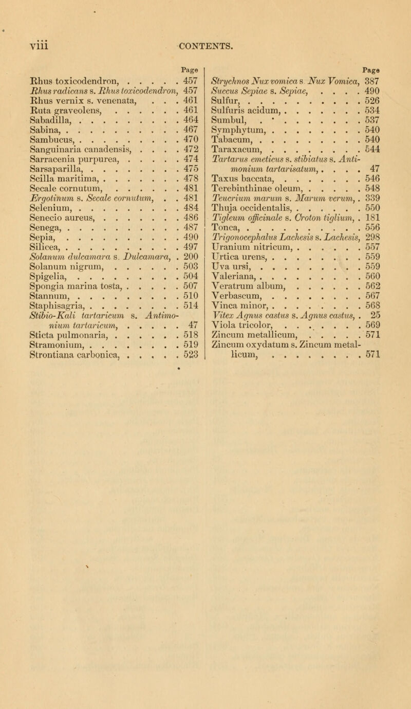 Page Rhus toxicodendron, 457 Rhus radicans s. Rhus toxicodendron, 451 Rhus vernix s. venenata, . . . 461 Ruta graveolens, 461 Sabadilla, . 464 Sabina, 467 Sambucus, 470 Sanguinaria canadensis, .... 472 Sarracenia purpurea, 474 Sarsaparilla, 475 Scilla maritima, 478 Secale cornutum, 481 Ergotinum s. Secale cornutum, . . 481 Selenium, 484 Senecio aureus, 486 Senega, 487 Sepia, 490 Silicea, 497 Solanum dulcamara s. Dulcamara, . 200 Solanum nigrum, 503 Spigelia, 504 Spongia marina tosta, 507 Stannum, 510 Staphisagria, 514 Stibio-Kali tartaricum s. Antimo- nium tartaricum, 47 Sticta pulmonaria, 518 Stramonium, 519 Strontiana carbonica, 523 Page Strychnos Nux vomica s Nux Vomica, 387 Succus Sepiae s. Sepiae, .... 490 Sulfur, 526 Sulfuris acidum, 534 Sumbul, . ' 537 Symphytum, 540 Tabacum, 540 Taraxacum, 544 Tartarus emeticus s. stibiatus s. Anti- monium tartarisatum, .... 47 Taxus baccata, 546 Terebinthinae oleum, 548 Teucrium marum s. Marum verum,. 339 Thuja occidentalis, 550 Tigleum officinale s. Croton tiglium, . 181 Tonca, 556 Trigonocephalus Lachesis s. Lachesis, 298 Uranium nitricum, 557 Urtica urens, 559 Uva ursi, 559 Valeriana, 560 Veratrum album, 562 Verbascum, 567 Vinca minor, 568 Vitex Agnus castus s. Agnus castus, . 25 Viola tricolor, ....... 569 Zincum metallicum, 571 Zincum oxydatum s. Zincum metal- licum, ........ 571