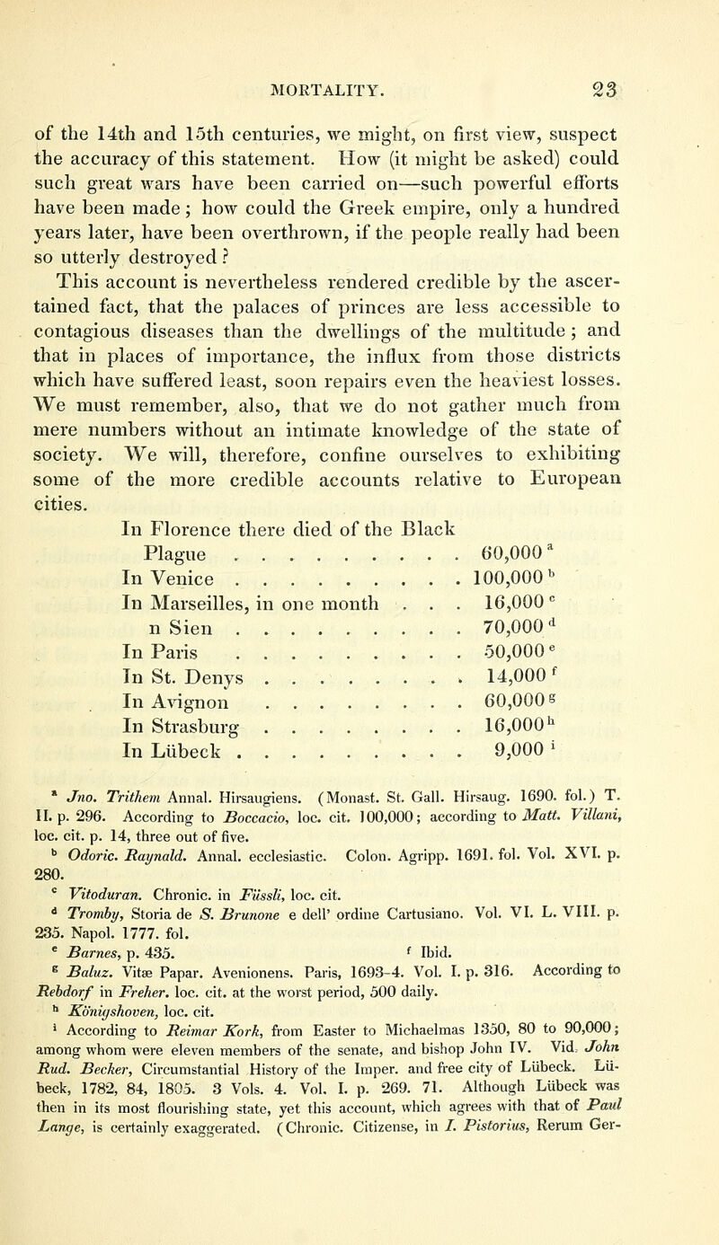 of the 14th and loth centuries, we might, on first view, suspect the accuracy of this statement. How (it might be asked) could such great wars have been carried on—such powerful efforts have been made; how could the Greek empire, only a hundred years later, have been overthrown, if the people really had been so utterly destroyed ? This account is nevertheless rendered credible by the ascer- tained fact, that the palaces of princes are less accessible to contagious diseases than the dwellings of the multitude ; and that in places of importance, the influx from those districts which have suffered least, soon repairs even the heaviest losses. We must remember, also, that we do not gather much from mere numbers without an intimate knowledge of the state of society. We will, therefore, confine ourselves to exhibiting some of the more credible accounts relative to European cities. In Florence there died of the Black Plague 60,000a In Venice 100,000 b In Marseilles, in one month . . . 16,000c n Sien 70,000d In Paris 50,000e In St. Denys 14,000 f In Avignon 60,000s In Strasburg 16,000 h In Liibeck 9,000 J * Jno. Trithem Annal. Hirsaugiens. (Monast. St. Gall. Hirsaug. 1690. fol.) T. II. p. 296. According to Boccacio, loc. cit. 100,000; according to Matt. Villani, loe. cit. p. 14, three out of five. b Odoric. Raynald. Annal. ecclesiastic. Colon. Agripp. 1691. fol. Vol. XVI. p. 280. c Vitoduran. Chronic, in Filssli, loc. cit. d Tromby, Storia de S. Brunone e dell' online Cartusiano. Vol. VI. L. VIII. p. 235. Napol. 1777. fol. e Barnes, p. 435. f Ibid. E Baluz. Vitas Papar. Avenionens. Paris, 1693-4. Vol. I. p. 316. According to Rebdorf in Freher. loc. cit. at the worst period, 500 daily. h Kb'nigshoven, loc. cit. 1 According to Reimar Kork, from Easter to Michaelmas 1350, 80 to 90,000; among whom were eleven members of the senate, and bishop John IV. Vid; John Rud. Becker, Circumstantial History of the Imper. and free city of Liibeck. Lii- beck, 1782, 84, 1805. 3 Vols. 4. Vol. I. p. 269. 71. Although Liibeck was then in its most flourishing state, yet this account, which agrees with that of Paul Lange, is certainly exaggerated. (Chronic. Citizense, in /. Pistorius, Rerum Ger-
