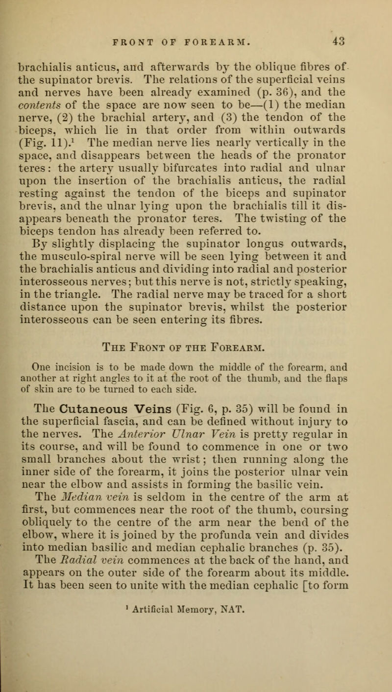 brachialis anticus, and afterwards by the oblique fibres of the supinator brevis. The relations of the superficial veins and nerves have been already examined (p. 36), and the contents of the space are now seen to be—(1) the median nerve, (2) the brachial artery, and (3) the tendon of the biceps, which lie in that order from within outwards (Fig. II).1 The median nerve lies nearly vertically in the space, and disappears between the heads of the pronator teres: the artery usually bifurcates into radial and ulnar upon the insertion of the brachialis anticus, the radial resting against the tendon of the biceps and supinator brevis, and the ulnar lying upon the brachialis till it dis- appears beneath the pronator teres. The twisting of the biceps tendon has already been referred to. Bj' slightly displacing the supinator longus outwards, the musculo-spiral nerve will be seen 13'ing between it and the brachialis anticus and dividing into radial and posterior interosseous nerves; but this nerve is not, strictly speaking, in the triangle. The radial nerve may be traced for a short distance upon the supinator brevis, whilst the posterior interosseous can be seen entering its fibres. The Front of the Forearm. One incision is to be made down the middle of the forearm, and another at right angles to it at the root of the thumb, and the flaps of skin are to be turned to each side. The Cutaneous Veins (Fig. 6, p. 35) will be found in the superficial fascia, and can be defined without injury to the nerves. The Anterior Ulnar Vein is pretty regular in its course, and will be found to commence in one or two small branches about the wrist; then running along the inner side of the forearm, it joins the posterior ulnar vein near the elbow and assists in forming the basilic vein. The Median vein is seldom in the centre of the arm at first, but commences near the root of the thumb, coursing obliquely to the centre of the arm near the bend of the elbow, where it is joined by the profunda vein and divides into median basilic and median cephalic branches (p. 35). The Radial vein commences at the back of the hand, and appears on the outer side of the forearm about its middle. It has been seen to unite with the median cephalic [to form 1 Artificial Memory, NAT.