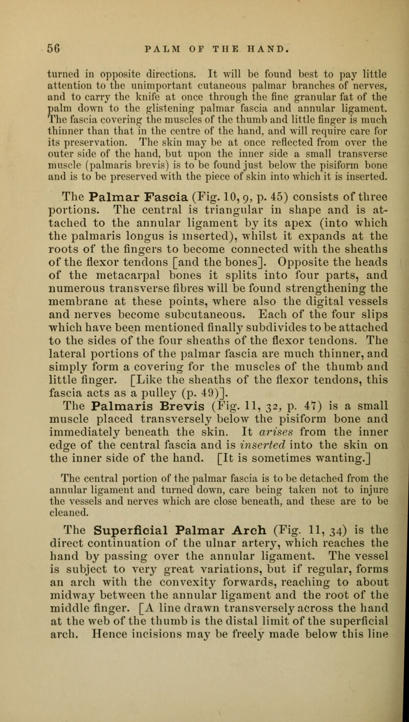 turned in opposite directions. It will be found best to pay little attention to the unimportant cutaneous palmar branches of nerves, and to carry the knife at once through the fine granular fat of the palm down to the glistening palmar fascia and annular ligament. The fascia covering the muscles of the thumb and little finger is much thinner than that in the centre of the hand, and will require care for its preservation. The skin may be at once reflected from over the outer side of the hand, but upon the inner side a small transverse muscle (palmaris brevis) is to be found just below the pisiform bone and is to be preserved with the piece of skin into which it is inserted. The Palmar Fascia (Fig. 10, 9, p. 45) consists of three portions. The central is triangular in shape and is at- tached to the annular ligament by its apex (into which the palmaris longus is inserted), whilst it expands at the roots of the fingers to become connected with the sheaths of the flexor tendons [and the bones]. Opposite the heads of the metacarpal bones it splits into four parts, and numerous transverse fibres will be found strengthening the membrane at these points, where also the digital vessels and nerves become subcutaneous. Each of the four slips which have been mentioned finally subdivides to be attached to the sides of the four sheaths of the flexor tendons. The lateral portions of the palmar fascia are much thinner, and simply form a covering for the muscles of the thumb and little finger. [Like the sheaths of the flexor tendons, this fascia acts as a pulley (p. 49)]. The Palmaris Brevis (Fig. 11, 32, p. 47) is a small muscle placed transversely below the pisiform bone and immediately beneath the skin. It arises from the inner edge of the central fascia and is inserted into the skin on the inner side of the hand. [It is sometimes wanting.] The central portion of the palmar fascia is to be detached from the annular ligament and turned down, care being taken not to injure the vessels and nerves which are close beneath, and these are to be cleaned. The Superficial Palmar Arch (Fig. 11, 34) is the direct continuation of the ulnar artery, which reaches the hand by passing over the annular ligament. The vessel is subject to very great variations, but if regular, forms an arch with the convexity forwards, reaching to about midway between the annular ligament and the root of the middle finger. [A line drawn transversely across the hand at the web of the thumb is the distal limit of the superficial arch. Hence incisions may be freely made below this line