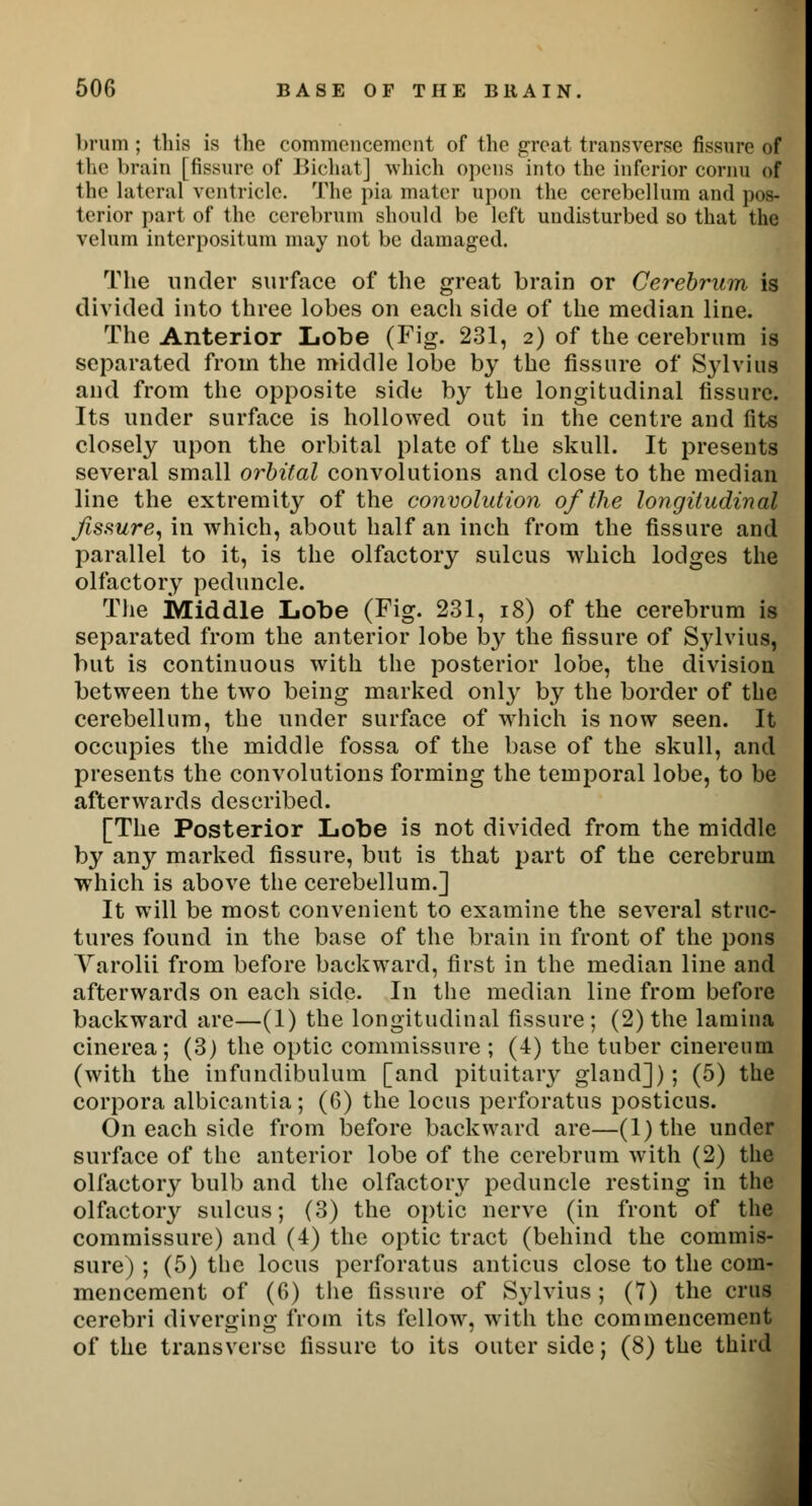 brum ; this is the commencement of the great transverse fissure of ilif brain [fissure of Bichat] which opens into the inferior cornu of the lateral ventricle. The pia mater upon the cerebellum and pos- terior part of the cerebrum should be left undisturbed so that the velum interpositum may not be damaged. The under surface of the great brain or Cerebrum is divided into three lobes on each side of the median line. The Anterior Lobe (Fig. 231, 2) of the cerebrum is separated from the middle lobe by the fissure of Sj^lvhis and from the opposite side by the longitudinal fissure. Its under surface is hollowed out in the centre and fits closely upon the orbital plate of the skull. It presents several small orbital convolutions and close to the median line the extremity of the convolution of the longitudinal Jissure, in which, about half an inch from the fissure and parallel to it, is the olfactory sulcus which lodges the olfactory peduncle. The Middle Lobe (Fig. 231, 18) of the cerebrum is separated from the anterior lobe by the fissure of Sylvius, but is continuous with the posterior lobe, the division between the two being marked only by the border of the cerebellum, the under surface of winch is now seen. It occupies the middle fossa of the base of the skull, and presents the convolutions forming the temporal lobe, to be afterwards described. [The Posterior Lobe is not divided from the middle by any marked fissure, but is that part of the cerebrum which is above the cerebellum.] It will be most convenient to examine the several struc- tures found in the base of the brain in front of the pons Varolii from before backward, first in the median line and afterwards on each side. In the median line from before backward are—(1) the longitudinal fissure; (2) the lamina cinerea; (3) the optic commissure ; (4) the tuber cinereum (with the infundibulum [and pituitary gland]); (5) the corpora albicantia; (6) the locus perforatus posticus. On each side from before backward are—(l)the under surface of the anterior lobe of the cerebrum with (2) the olfactory bulb and the olfactory peduncle resting in the olfactory sulcus; (3) the optic nerve (in front of the commissure) and (4) the optic tract (behind the commis- sure) ; (5) the locus perforatus anticus close to the com- mencement of (6) the fissure of Sylvius ; (7) the cms cerebri diverging from its fellow, with the commencement of the transverse fissure to its outer side; (8) the third