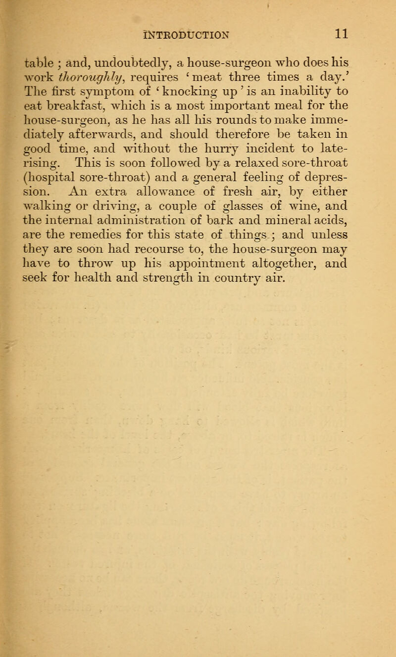 table ; and, undoubtedly, a house-surgeon who does his work thoroughly, requires 'meat three times a day.' The first symptom of ' knocking up ' is an inability to eat breakfast, which is a most important meal for the house-surgeon, as he has all liis rounds to make imme- diately afterwards, and should therefore be taken in good time, and without the hurry incident to late- rising. This is soon followed by a relaxed sore-throat (hospital sore-throat) and a general feeling of depres- sion. An extra allowance of fresh air, by either walking or driving, a couple of glasses of wdne, and the internal administration of bark and mineral acids, are the remedies for this state of things.; and unless they are soon had recourse to, the house-surgeon may have to throw up his appointment altogether, and seek for health and strength in country air.