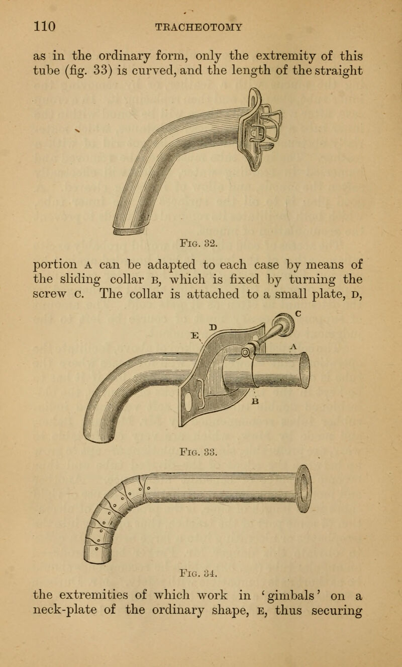 as in the ordinary form, only the extremity of this tube (fig. 33) is curved, and the length of the straight Fig. 32. portion a can be adapted to each case by means of the sliding collar b, which is fixed by turning the screw c. The collar is attached to a small plate, d, Fig. U. the extremities of which work in 'gimbals' on a neck-plate of the ordinary shape, e, thus securing