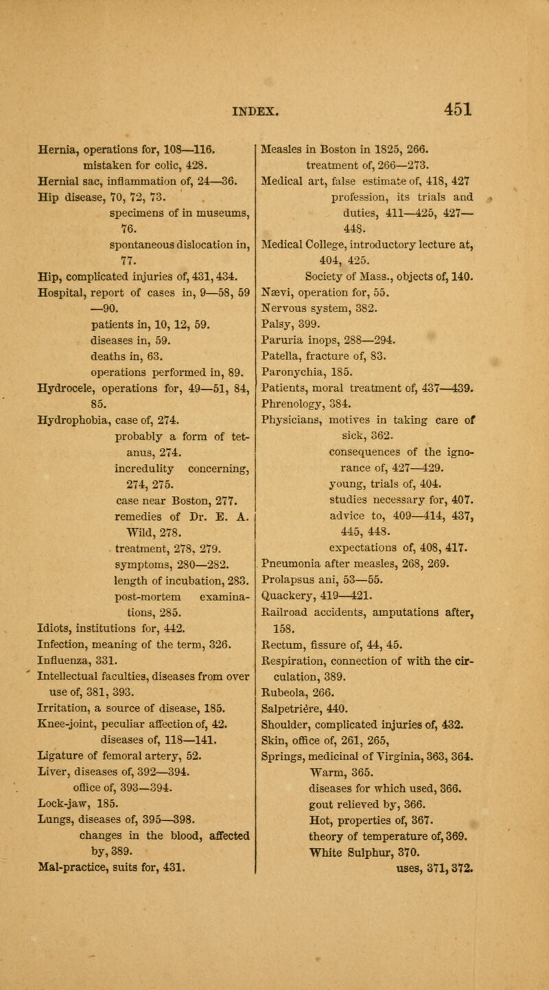 Hernia, operations for, 108—116. mistaken for colic, 428. Hernial sac, inflammation of, 24—36. Hip disease, 70, 72, 73. specimens of in museums, 76. spontaneous dislocation in, 77. Hip, complicated injuries of, 431,434. Hospital, report of cases in, 9—58, 59 —90. patients in, 10,12, 59. diseases in, 59. deaths in, 63. operations performed in, 89. Hydrocele, operations for, 49—51, 84, 85. Hydrophobia, case of, 274. probably a form of tet- anus, 274. incredulity concerning, 274, 275. case near Boston, 277. remedies of Dr. E. A. Wild, 278. . treatment, 278, 279. symptoms, 280—282. length of incubation, 283. post-mortem examina- tions, 285. Idiots, institutions for, 442. Infection, meaning of the term, 326. Influenza, 331. Intellectual faculties, diseases from over use of, 381,393. Irritation, a source of disease, 185. Knee-joint, peculiar affection of, 42. diseases of, 118—141. Ligature of femoral artery, 52. Liver, diseases of, 392—394. oflice of, 393—394. Lock-jaw, 185. Lungs, diseases of, 395—398. changes in the blood, affected by, 389. Mal-practice, suits for, 431. Measles in Boston in 1825, 266. treatment of, 2G6—273. Medical art, false estimate of, 418, 427 profession, its trials and duties, 411—425, 427— 448. Medical College, introductory lecture at, 404, 425. Society of Mass., objects of, 140. Nsevi, operation for, 55. Nervous system, 382. Palsy, 399. Paruria inops, 288-294. Patella, fracture of, 83. Paronychia, 185. Patients, moral treatment of, 437—439. Phi-enology, 384. Physicians, motives in taking care of sick, 362. consequences of the igno- rance of, 427—129. young, trials of, 404. studies necessary for, 407. advice to, 409—414, 437, 445, 448. expectations of, 408, 417. Pneumonia after measles, 268, 269. Prolapsus ani, 53—55. Quackery, 419—421. Railroad accidents, amputations after, 158. Rectum, fissure of, 44, 45. Res23iration, connection of with the cir- culation, 389. Rubeola, 266. Salpetri^re, 440. Shoulder, complicated injuries of, 432. Skin, office of, 261, 265, Springs, medicinal of Virginia, 363, 364. Warm, 365. diseases for which used, 366. gout relieved by, 366. Hot, properties of, 367. theory of temperature of, 369. White Sulphur, 370. uses, 371,372.