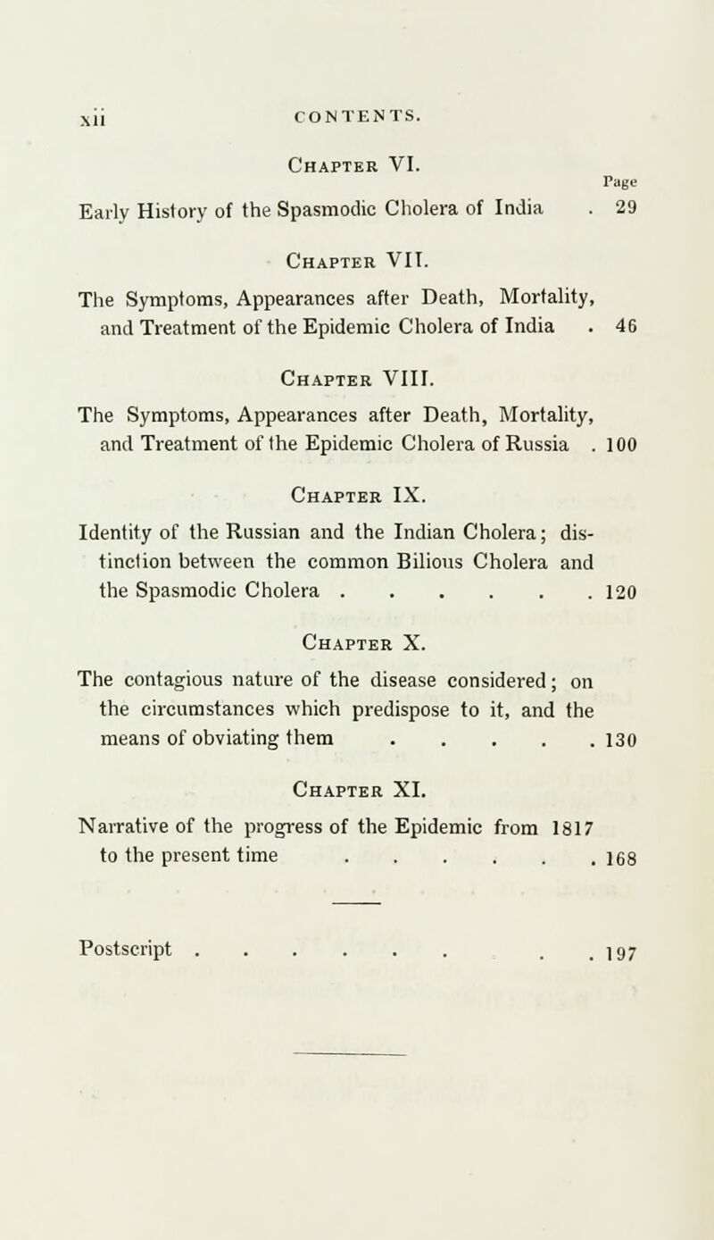 Chapter VI. Page Early History of the Spasmodic Cholera of India . 29 Chapter VII. The Symptoms, Appearances after Death, Mortality, and Treatment of the Epidemic Cholera of India . 46 Chapter VIII. The Symptoms, Appearances after Death, Mortality, and Treatment of the Epidemic Cholera of Russia . 100 Chapter IX. Identity of the Russian and the Indian Cholera; dis- tinction between the common Bilious Cholera and the Spasmodic Cholera 120 Chapter X. The contagious nature of the disease considered; on the circumstances which predispose to it, and the means of obviating them 130 Chapter XI. Narrative of the progress of the Epidemic from 1817 to the present time 168 Postscript . . 197