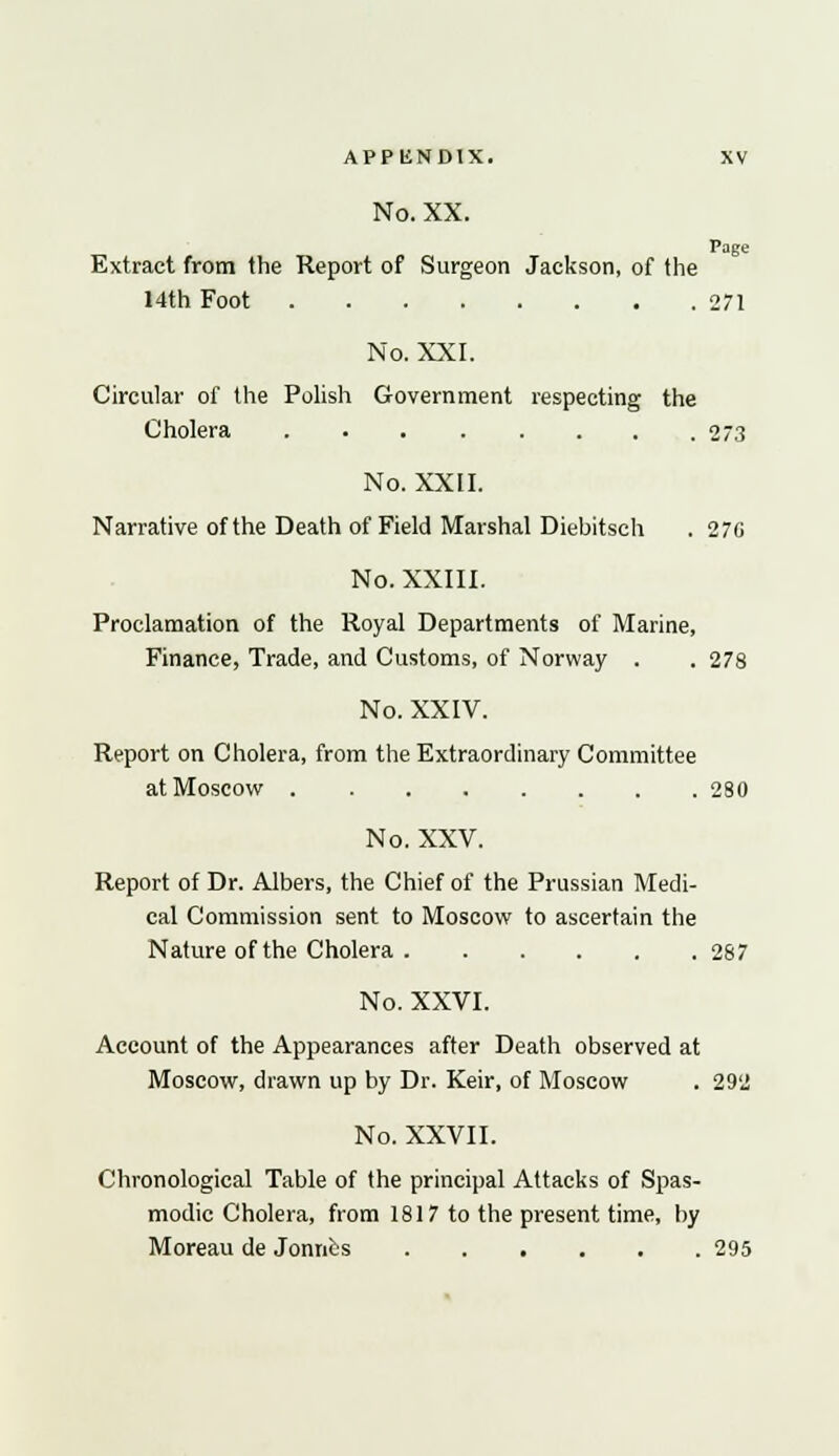 No. XX. Page Extract from the Report of Surgeon Jackson, of the 14th Foot 271 No. XXI. Circular of the Polish Government respecting the Cholera 273 No. XXII. Narrative of the Death of Field Marshal Diebitsch . 27G No. XXIII. Proclamation of the Royal Departments of Marine, Finance, Trade, and Customs, of Norway . . 278 No. XXIV. Report on Cholera, from the Extraordinary Committee at Moscow 280 No. XXV. Report of Dr. Albers, the Chief of the Prussian Medi- cal Commission sent to Moscow to ascertain the Nature of the Cholera 287 No. XXVI. Account of the Appearances after Death observed at Moscow, drawn up by Dr. Keir, of Moscow . 292 No. XXVII. Chronological Table of the principal Attacks of Spas- modic Cholera, from 1817 to the present time, by Moreau de Jonnes 295