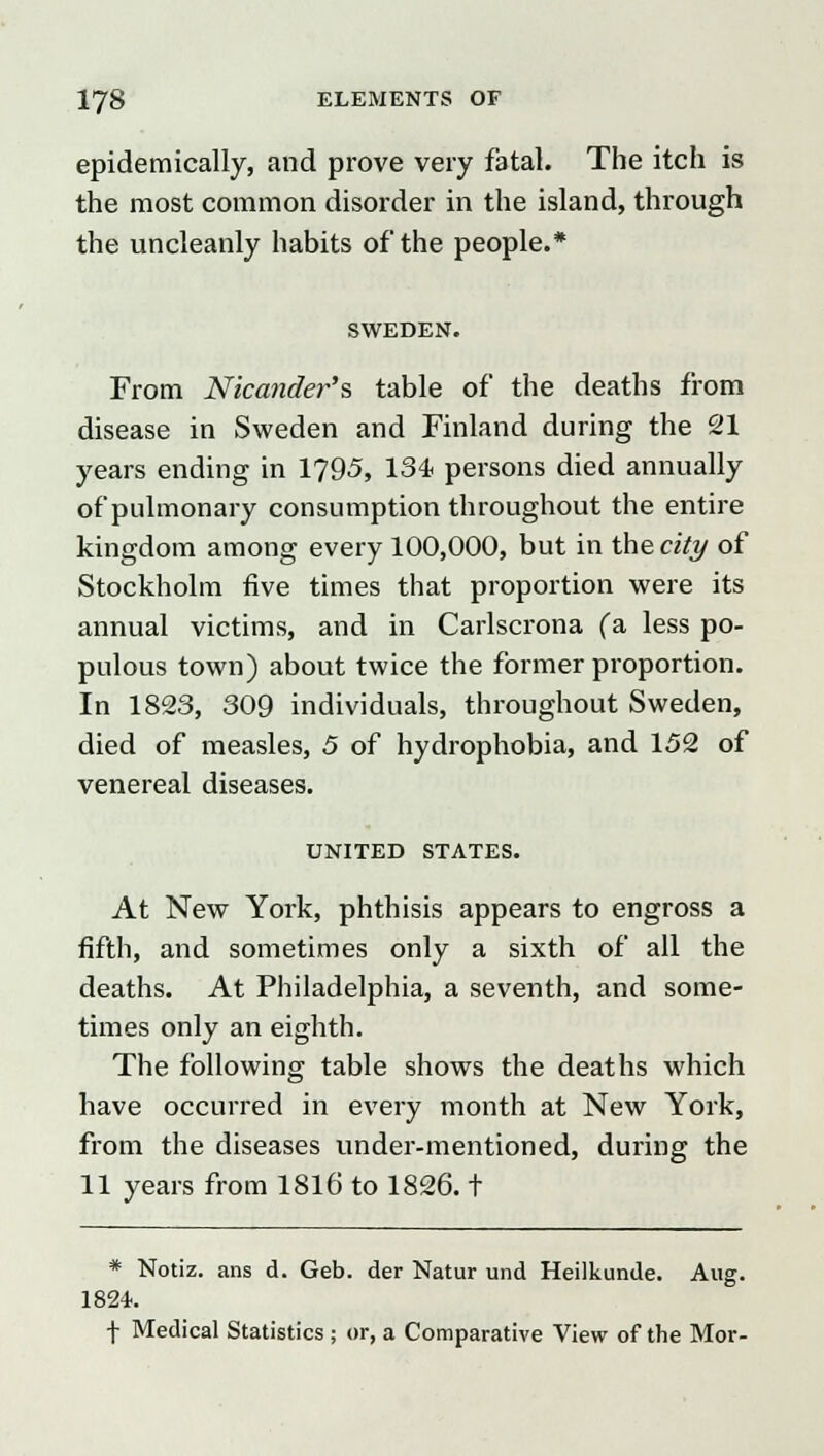 epidemically, and prove very fatal. The itch is the most common disorder in the island, through the uncleanly habits of the people.* SWEDEN. From Nicander's table of the deaths from disease in Sweden and Finland during the 21 years ending in 1795, 134 persons died annually of pulmonary consumption throughout the entire kingdom among every 100,000, but in the city of Stockholm five times that proportion were its annual victims, and in Carlscrona (a less po- pulous town) about twice the former proportion. In 1823, 309 individuals, throughout Sweden, died of measles, 5 of hydrophobia, and 152 of venereal diseases. UNITED STATES. At New York, phthisis appears to engross a fifth, and sometimes only a sixth of all the deaths. At Philadelphia, a seventh, and some- times only an eighth. The following table shows the deaths which have occurred in every month at New York, from the diseases under-mentioned, during the 11 years from 1816 to 1826. t * Notiz. ans d. Geb. der Natur und Heilkunde. Aug. 1824. + Medical Statistics ; or, a Comparative View of the Mor-