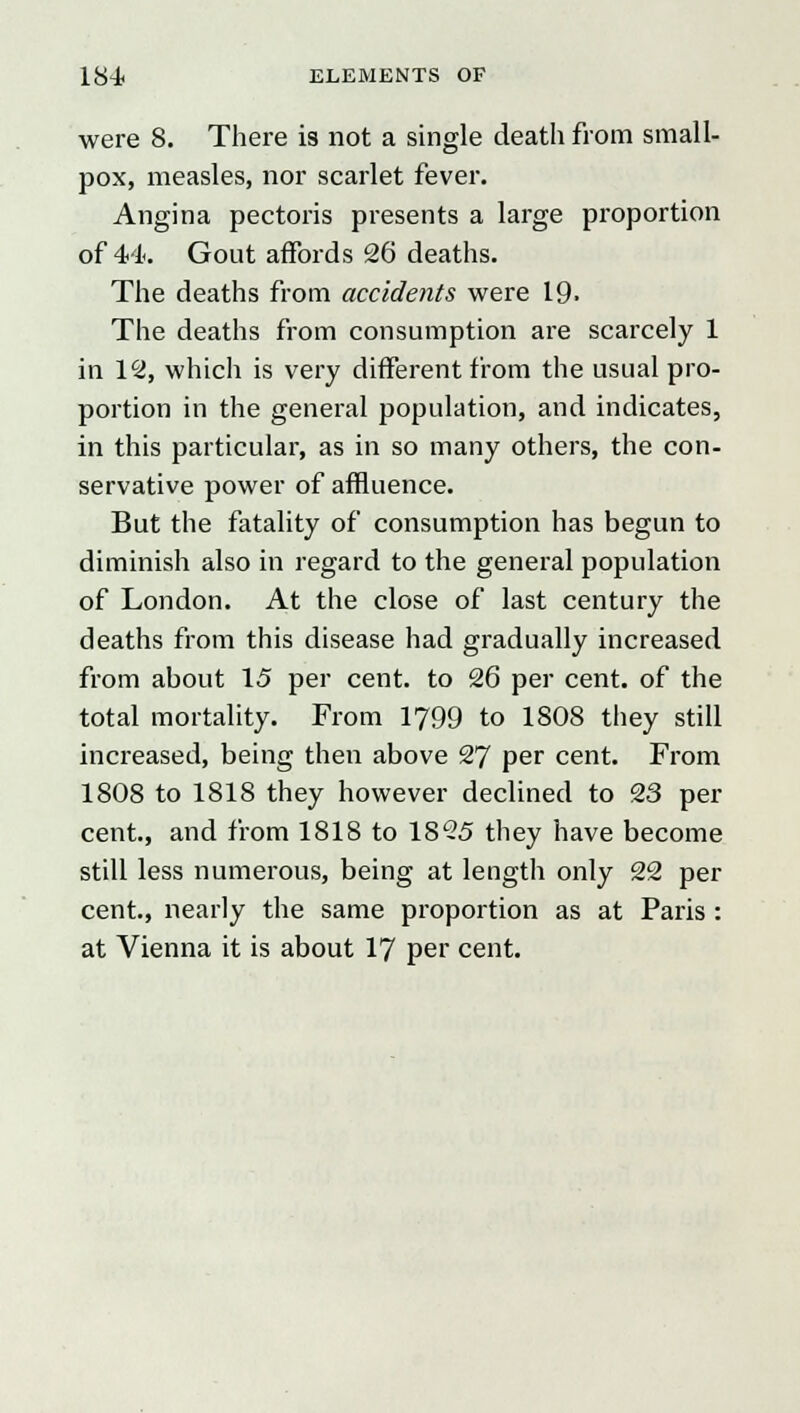 were 8. There is not a single death from small- pox, measles, nor scarlet fever. Angina pectoris presents a large proportion of 44. Gout affords 26 deaths. The deaths from accidents were 19- The deaths from consumption are scarcely 1 in 12, which is very different from the usual pro- portion in the general population, and indicates, in this particular, as in so many others, the con- servative power of affluence. But the fatality of consumption has begun to diminish also in regard to the general population of London. At the close of last century the deaths from this disease had gradually increased from about 15 per cent, to 26 per cent, of the total mortality. From 1799 to 1808 they still increased, being then above 27 per cent. From 1808 to 1818 they however declined to 23 per cent., and from 1818 to 1825 they have become still less numerous, being at length only 22 per cent., nearly the same proportion as at Paris : at Vienna it is about 17 per cent.