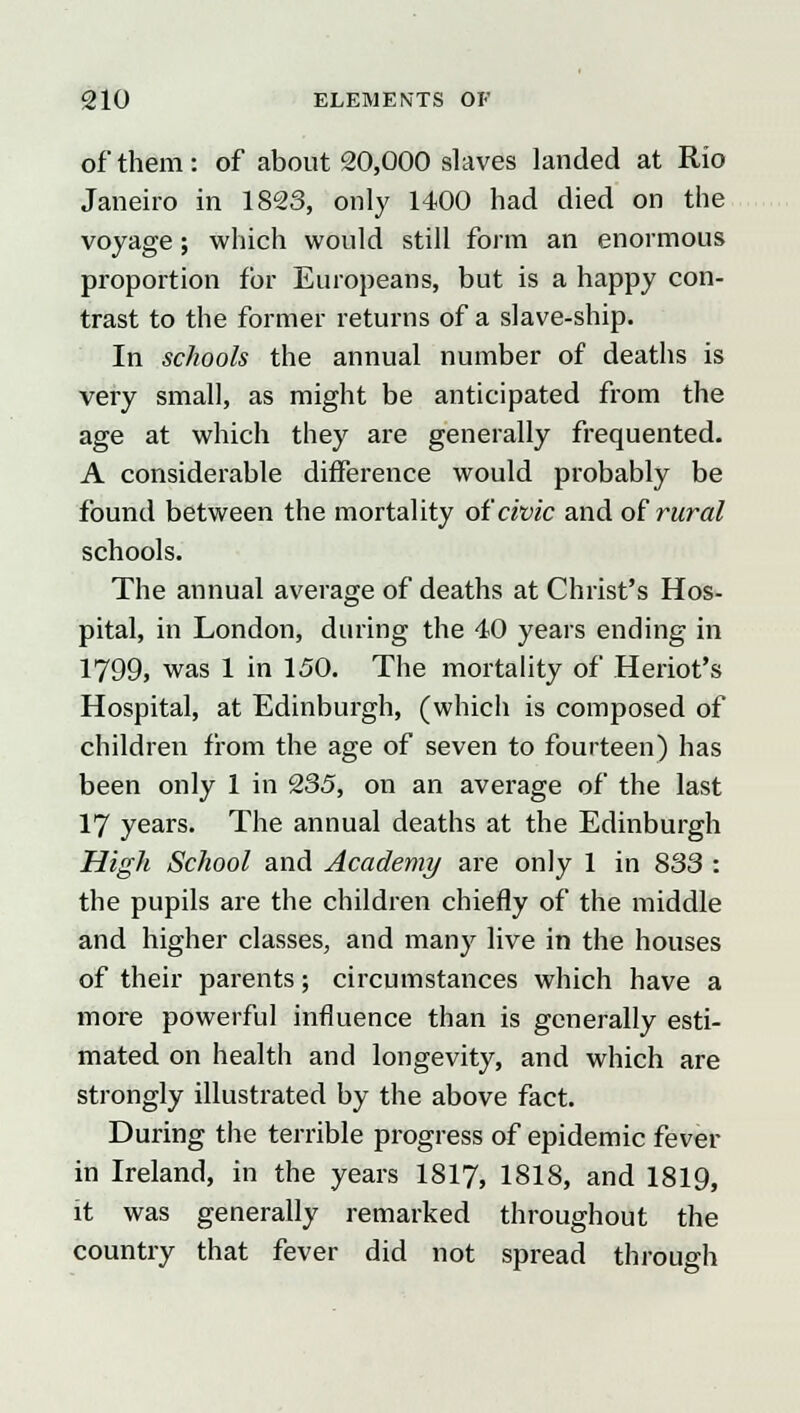 of them: of about 20,000 slaves landed at Rio Janeiro in 1823, only 1400 had died on the voyage; which would still form an enormous proportion for Europeans, but is a happy con- trast to the former returns of a slave-ship. In schools the annual number of deaths is very small, as might be anticipated from the age at which they are generally frequented. A considerable difference would probably be found between the mortality of civic and ofrural schools. The annual average of deaths at Christ's Hos- pital, in London, during the 40 years ending in 1799, was 1 in 150. The mortality of Heriot's Hospital, at Edinburgh, (which is composed of children from the age of seven to fourteen) has been only 1 in 235, on an average of the last 17 years. The annual deaths at the Edinburgh High School and Academy are only 1 in 833 : the pupils are the children chiefly of the middle and higher classes, and many live in the houses of their parents; circumstances which have a more powerful influence than is generally esti- mated on health and longevity, and which are strongly illustrated by the above fact. During the terrible progress of epidemic fever in Ireland, in the years 1817, 1818, and 1819, it was generally remarked throughout the country that fever did not spread through