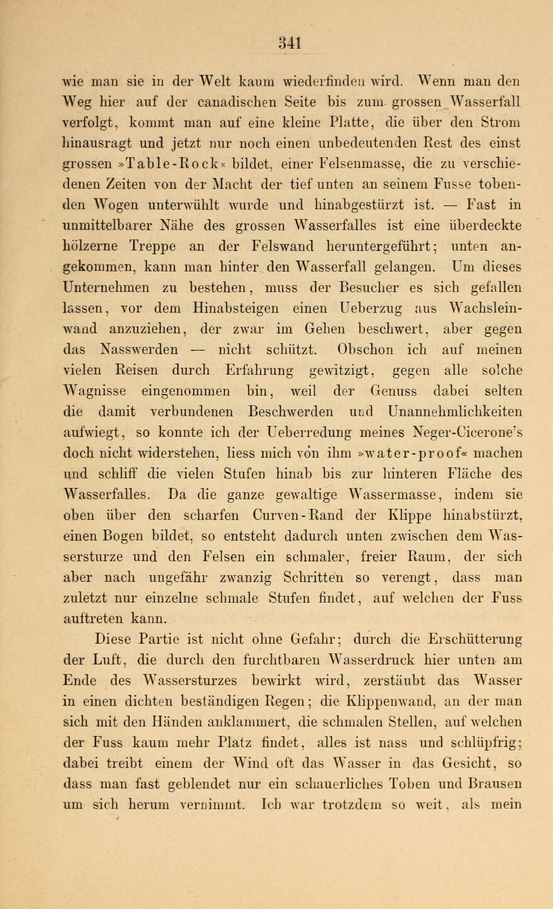 wie man sie in der Welt kaum wiederfinden wird. Wenn man den Weg hier auf der canadischen Seite bis zum. grossen Wasserfall verfolgt, kommt man auf eine kleine Platte, die über den Strom hinausragt und jetzt nur noch einen unbedeutenden Rest des einst grossen »Table-Rock< bildet, einer Felsenmasse, die zu verschie- denen Zeiten von der Macht der tief unten an seinem Fusse toben- den Wogen unterwühlt wurde und hinabgestürzt ist. — Fast in unmittelbarer Nähe des grossen Wasserfalles ist eine überdeckte hölzerne Treppe an der Felswand heruntergeführt; unten an- gekommen, kann man hinter den Wasserfall gelangen. Um dieses Unternehmen zu bestehen, muss der Besucher es sich gefallen lassen, vor dem Hinabsteigen einen Ueberzug aus Wachslein- wand anzuziehen, der zwar im Gehen beschwert, aber gegen das Nasswerden — nicht schützt. Obschon ich auf meinen vielen Reisen durch Erfahrung gewitzigt, gegen alle solche Wagnisse eingenommen bin, weil der Genuss dabei selten die damit verbundenen Beschwerden und Unannehmlichkeiten aufwiegt, so konnte ich der Ueberredung meines Neger-Cicerone's doch nicht widerstehen, Hess mich von ihm »water-proof« machen und schliff die vielen Stufen hinab bis zur hinteren Fläche des Wasserfalles. Da die ganze gewaltige Wassermasse, indem sie oben über den scharfen Curven-Rand der Klippe hinabstürzt, einen Bogen bildet, so entsteht dadurch unten zwischen dem Was- sersturze und den Felsen ein schmaler, freier Raum, der sich aber nach ungefähr zwanzig Schritten so verengt, dass man zuletzt nur einzelne schmale Stufen findet, auf welchen der Fuss auftreten kann. Diese Partie ist nicht ohne Gefahr; durch die Erschütterung der Luft, die durch den furchtbaren Wasserdruck hier unten am Ende des Wassersturzes bewirkt wird, zerstäubt das Wasser in einen dichten beständigen Regen; die Klippenwand, an der man sich mit den Händen anklammert, die schmalen Stellen, auf welchen der Fuss kaum mehr Platz findet, alles ist nass und schlüpfrig: dabei treibt einem der Wind oft das Wasser in das Gesicht, so dass man fast geblendet nur ein schauerliches Toben und Brausen um sich herum vernimmt. Ich war trotzdem so weit. als mein